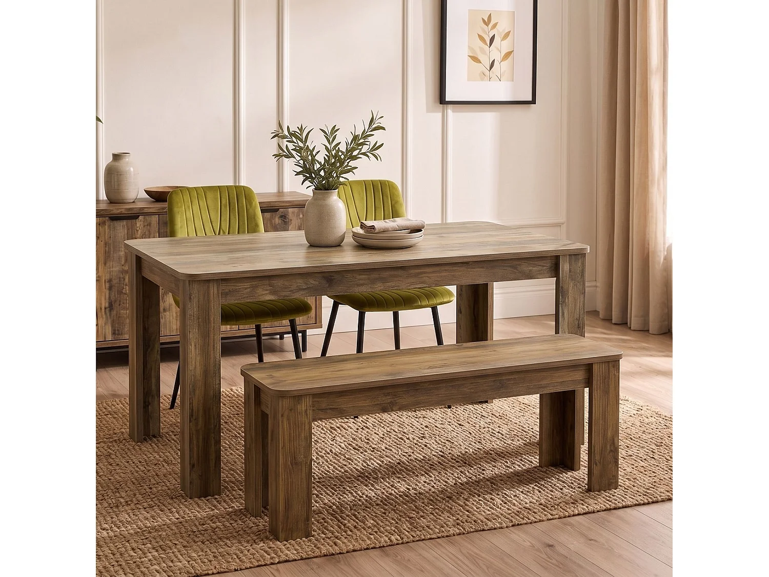 Dining Set with Rustic Wood Effect Table, 2 Green Velvet Diamond Chairs and Rustic Bench 4 Seater
