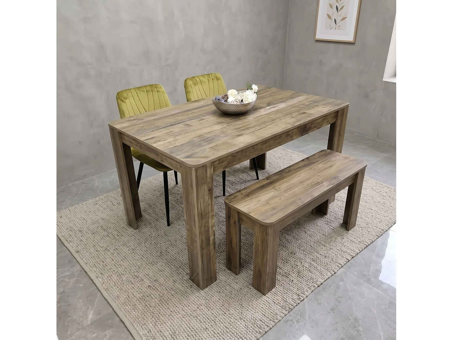 Dining Set with Rustic Wood Effect Table, 2 Green Velvet Diamond Chairs and Rustic Bench 4 Seater
