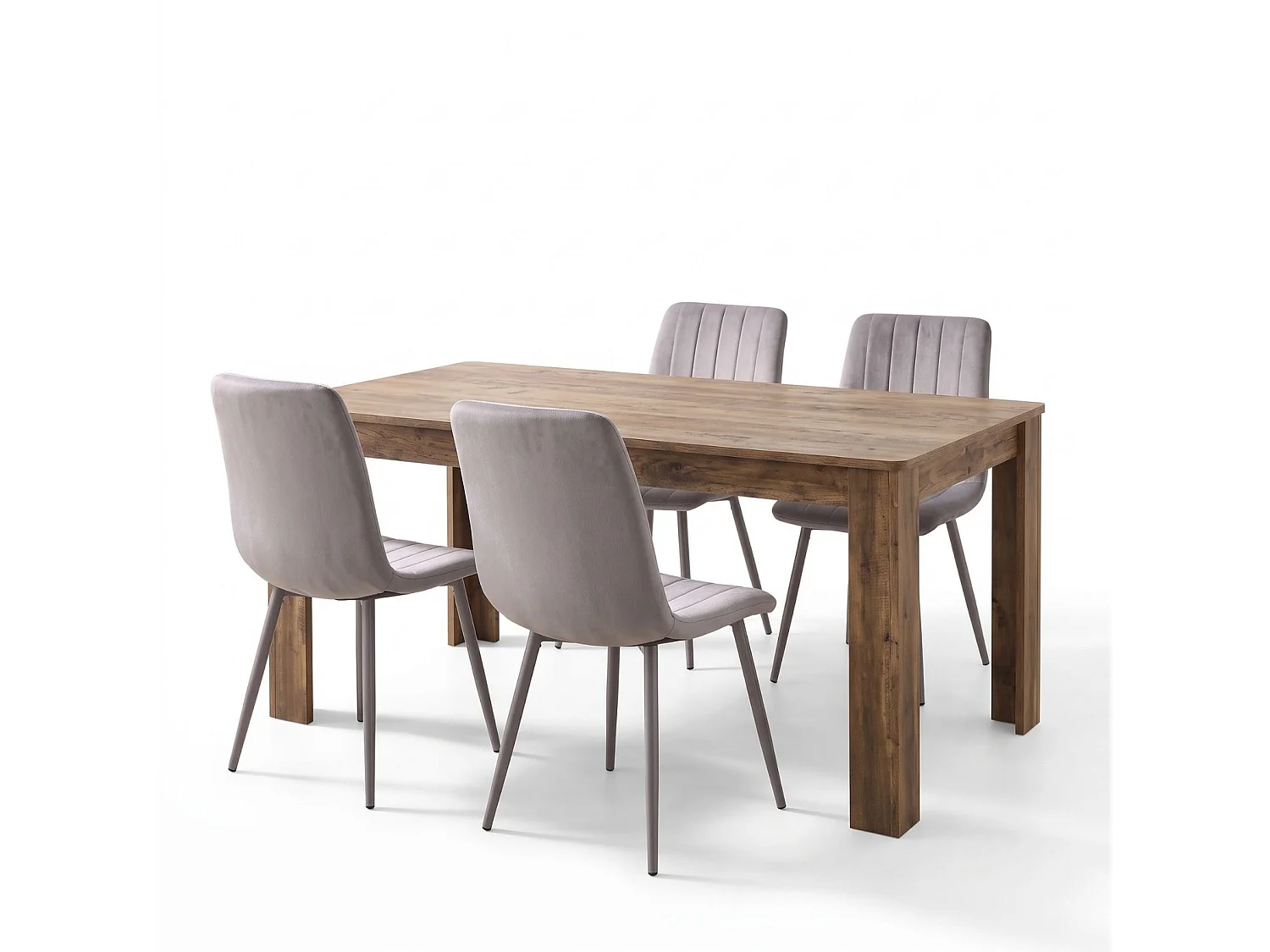 Rustic Wood Effect Dining Table Set with 4 Grey Velvet Chairs 4 Seater Kitchen Dining Set