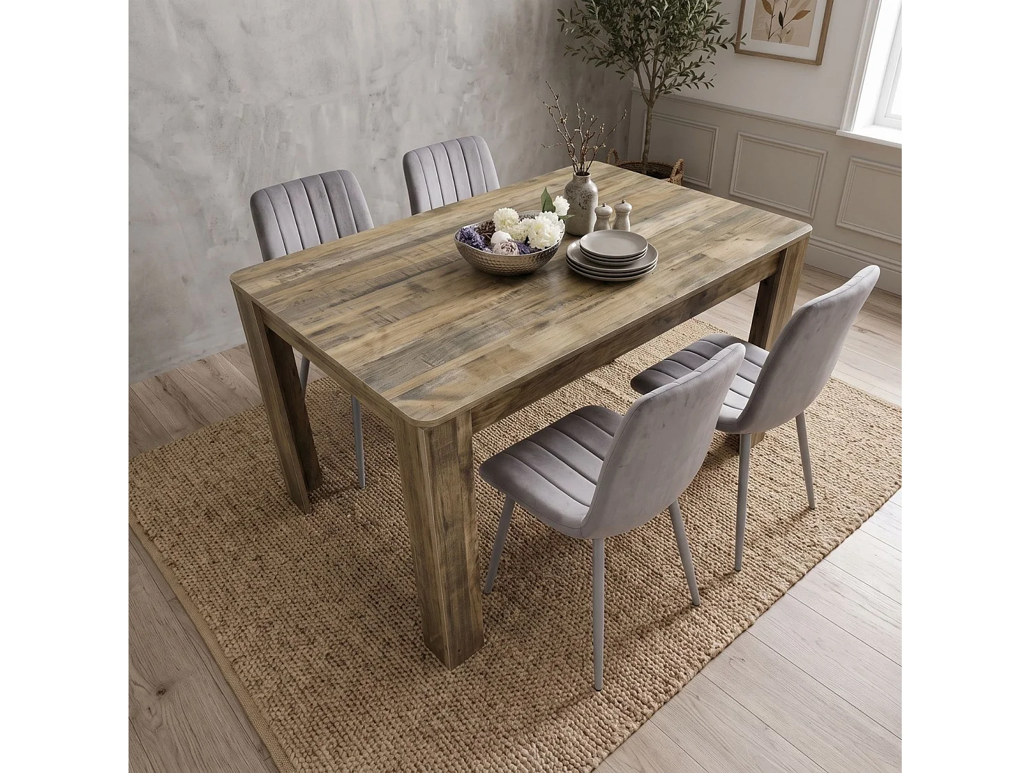 Rustic Wood Effect Dining Table Set with 4 Grey Velvet Chairs 4 Seater Kitchen Dining Set