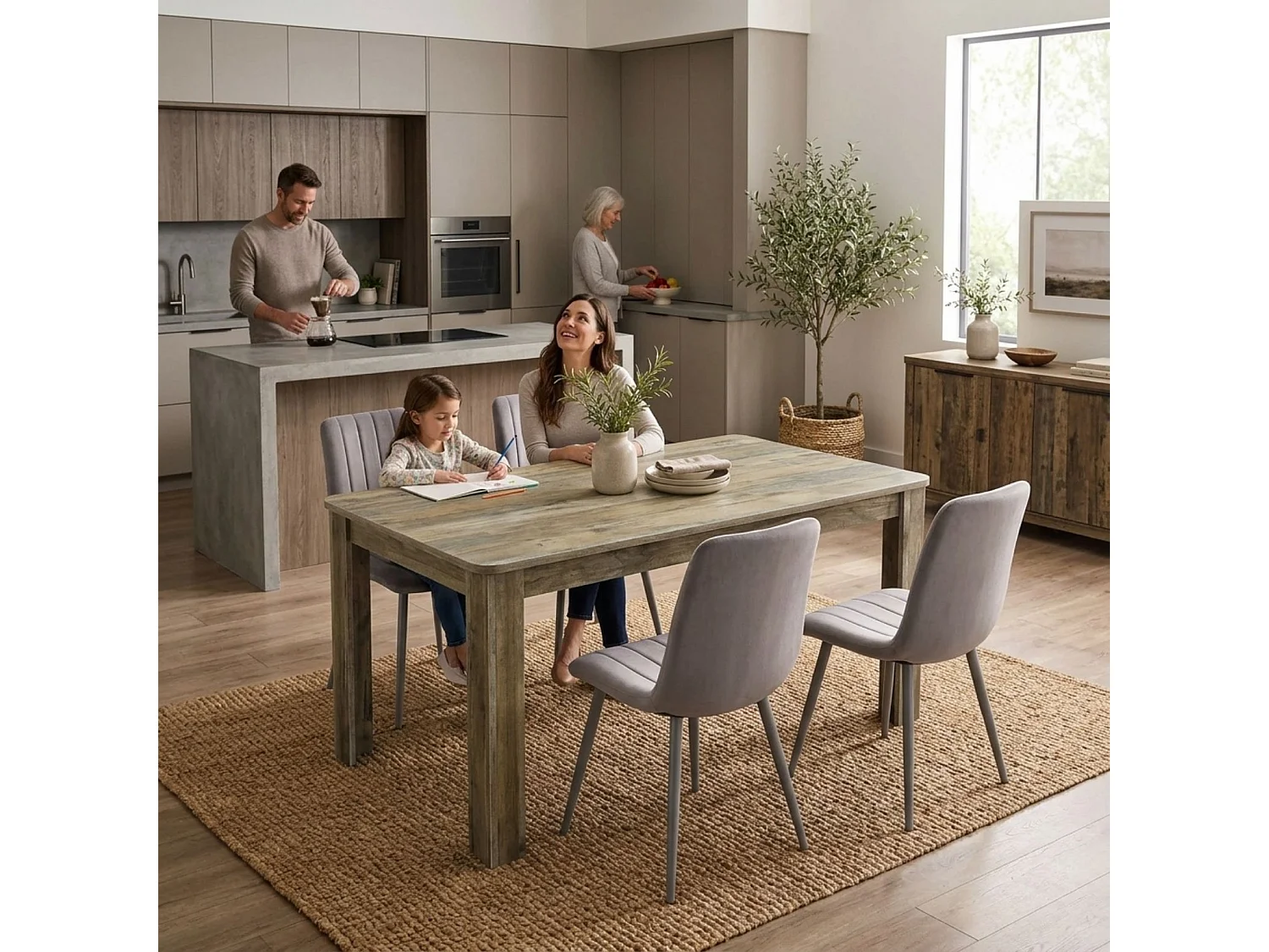Rustic Wood Effect Dining Table Set with 4 Grey Velvet Chairs 4 Seater Kitchen Dining Set