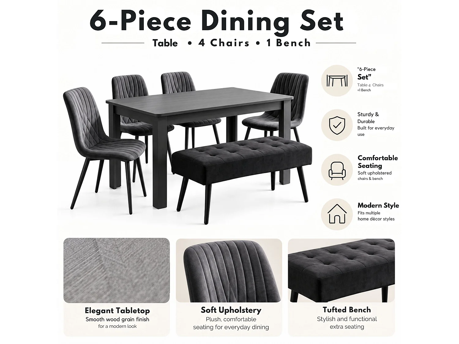 Rustic Wood Effect Dining Table Set with 4 Grey Velvet Chairs 4 Seater Kitchen Dining Set