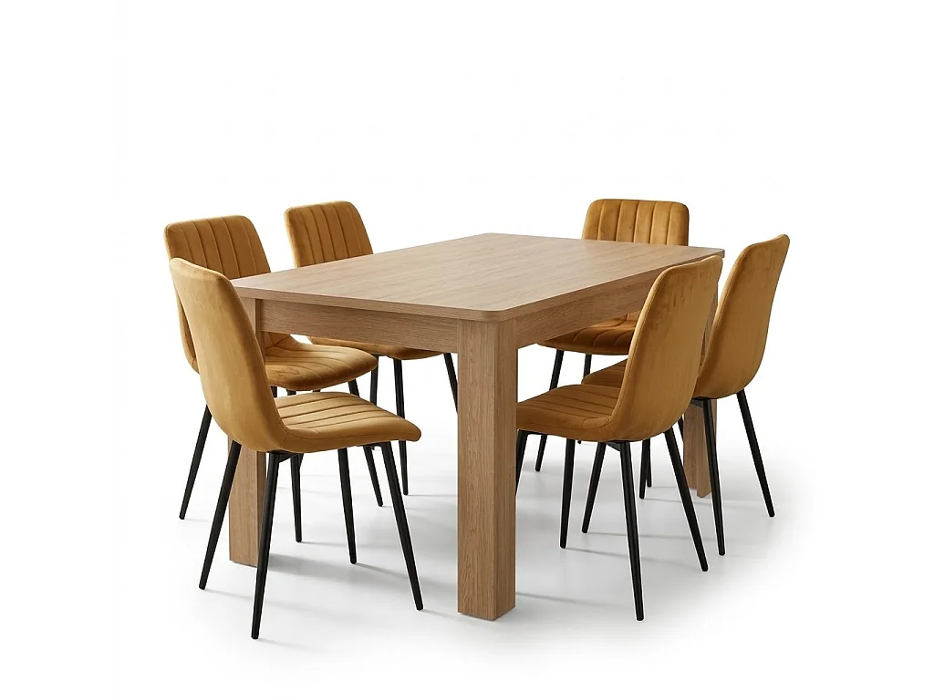 Modern Dining Set with Oak Effect Table and 6 Brown Velvet Chairs 6 Seater Dining Room Furniture