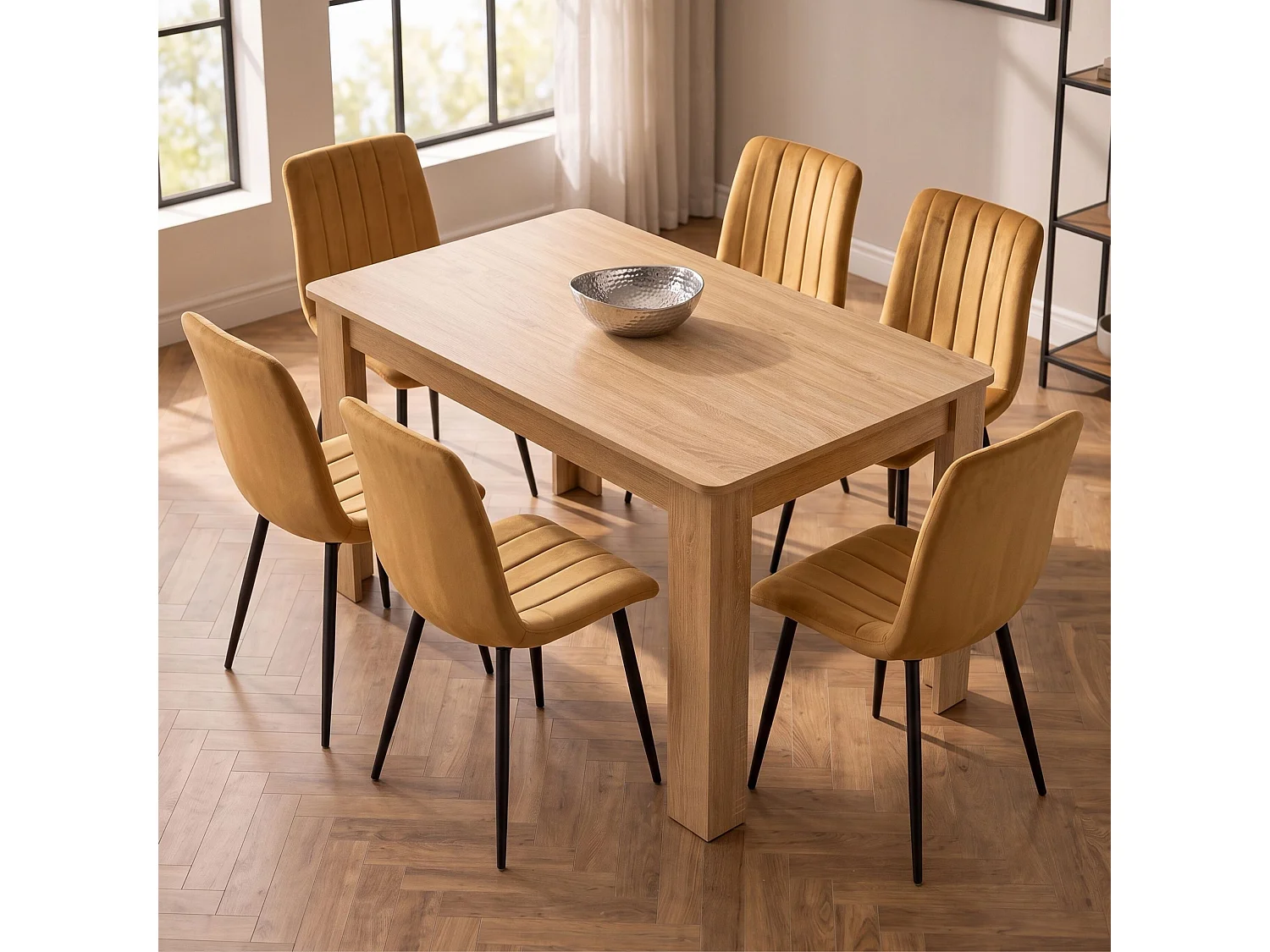 Modern Dining Set with Oak Effect Table and 6 Brown Velvet Chairs 6 Seater Dining Room Furniture
