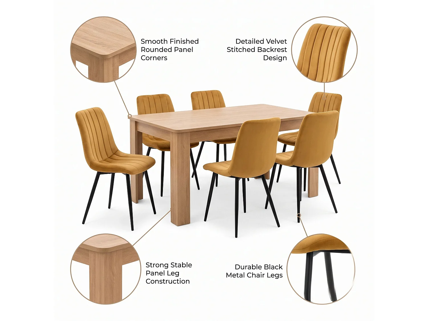 Modern Dining Set with Oak Effect Table and 6 Brown Velvet Chairs 6 Seater Dining Room Furniture