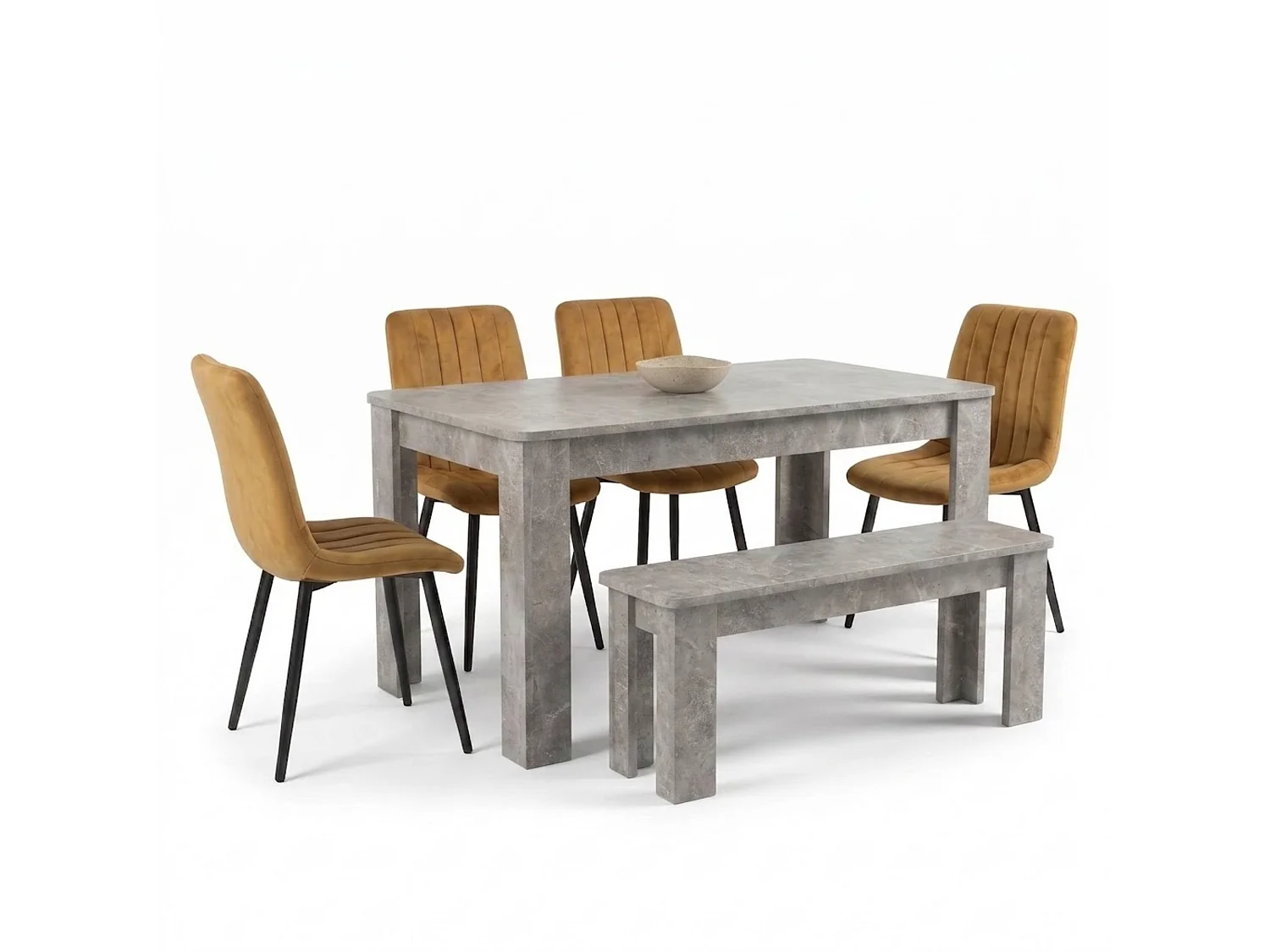 Stone Grey Effect Dining Table Set with 4 Brown Velvet Chairs and Stone Grey Bench 6 Seater