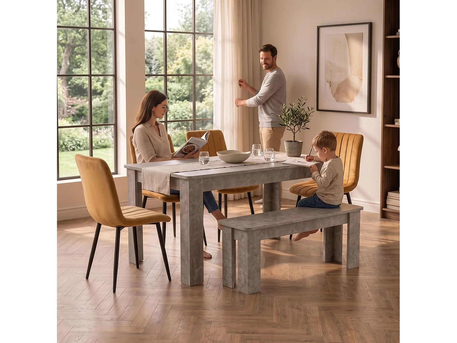 Stone Grey Effect Dining Table Set with 4 Brown Velvet Chairs and Stone Grey Bench 6 Seater