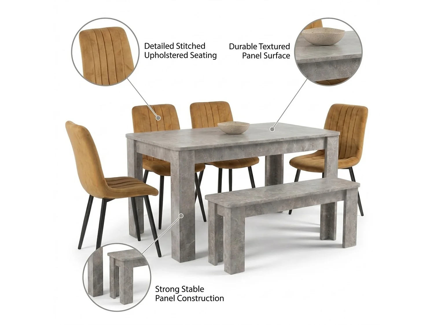 Stone Grey Effect Dining Table Set with 4 Brown Velvet Chairs and Stone Grey Bench 6 Seater