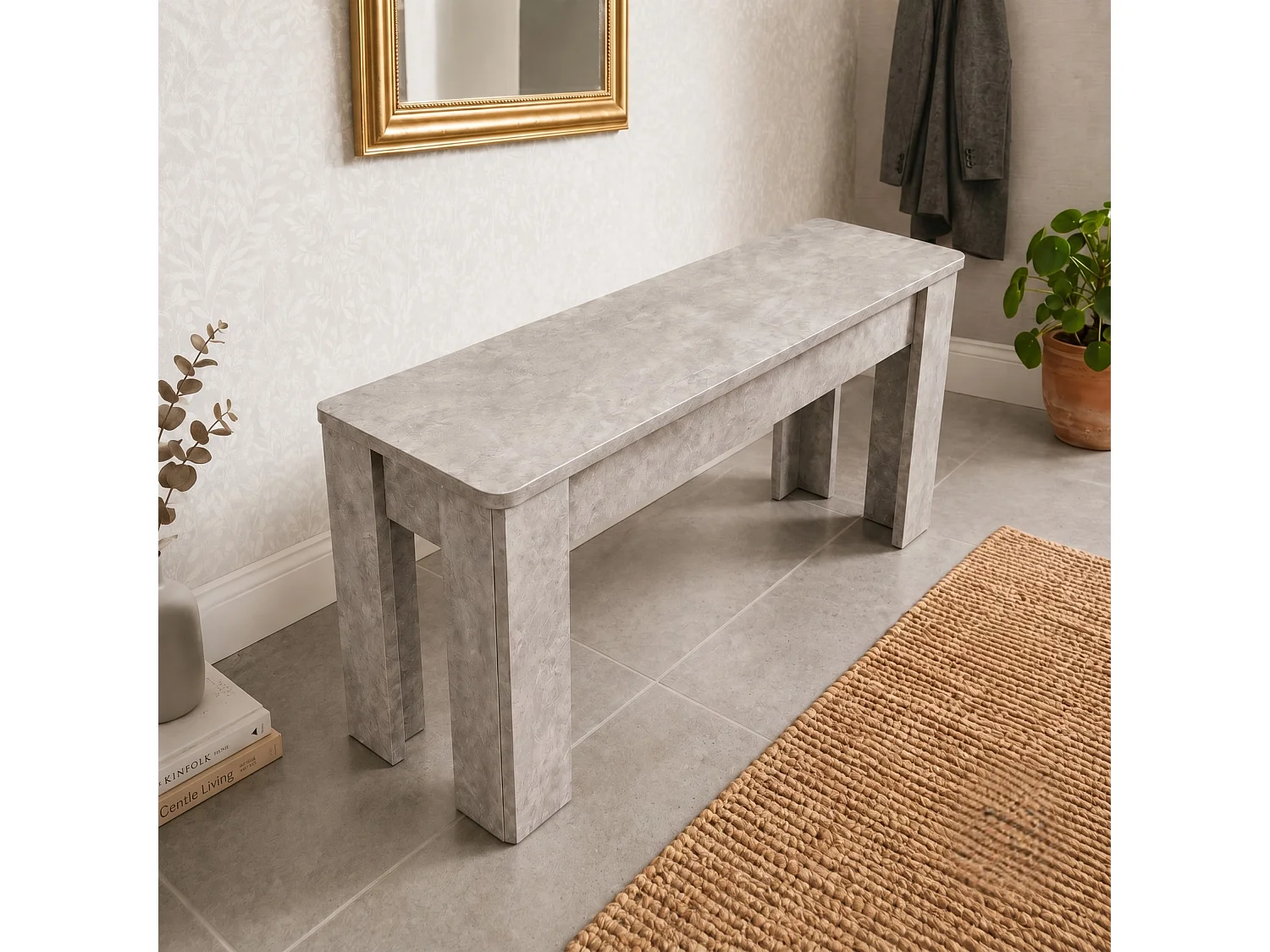 Stone Grey Effect Dining Table Set with 4 Brown Velvet Chairs and Stone Grey Bench 6 Seater