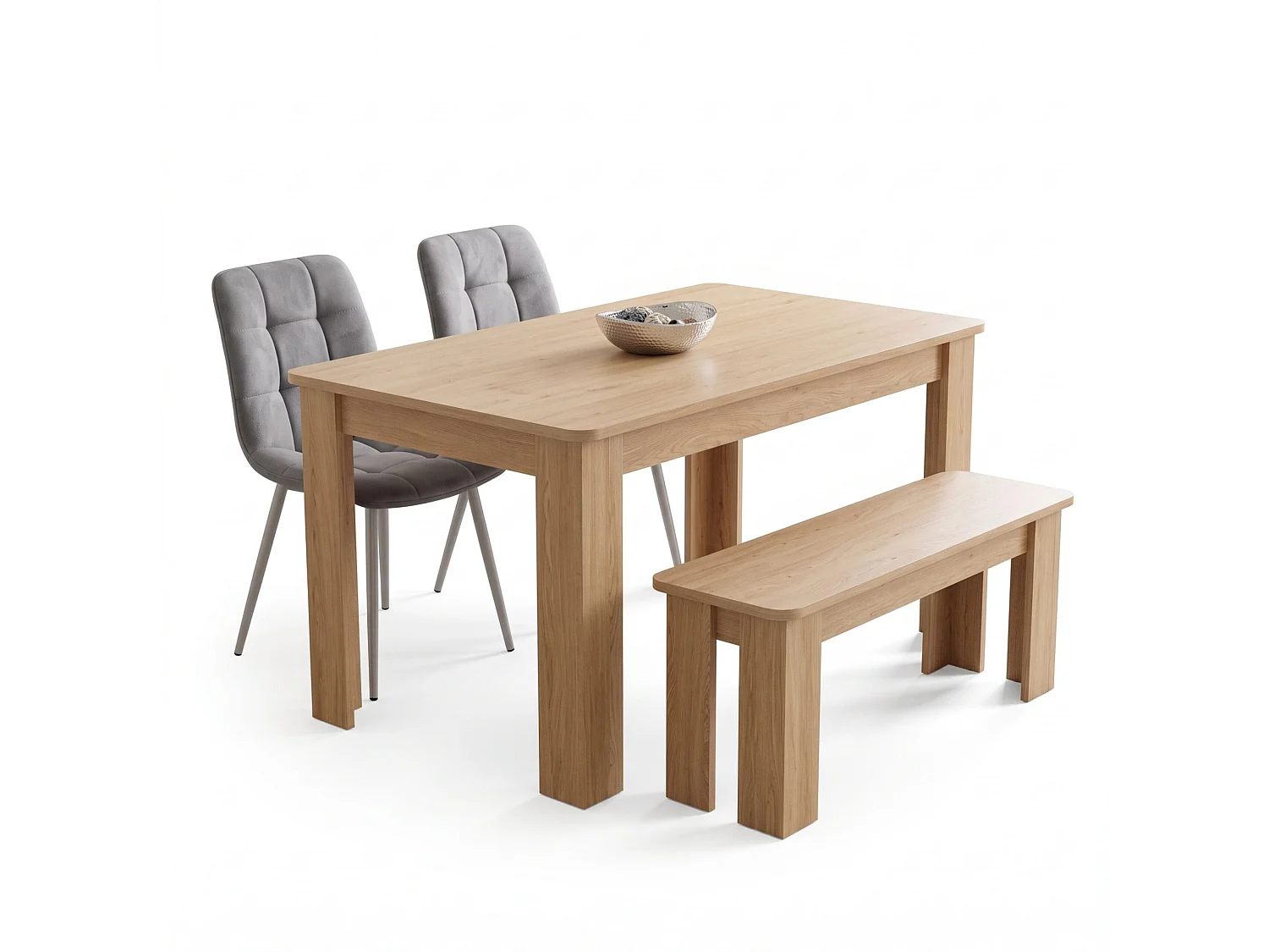 Dining Set with Oak Effect Table, 2 Grey Nova Velvet Chairs and Oak Effect Bench 4 Seater