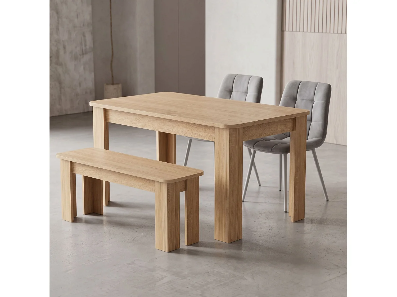 Dining Set with Oak Effect Table, 2 Grey Nova Velvet Chairs and Oak Effect Bench 4 Seater
