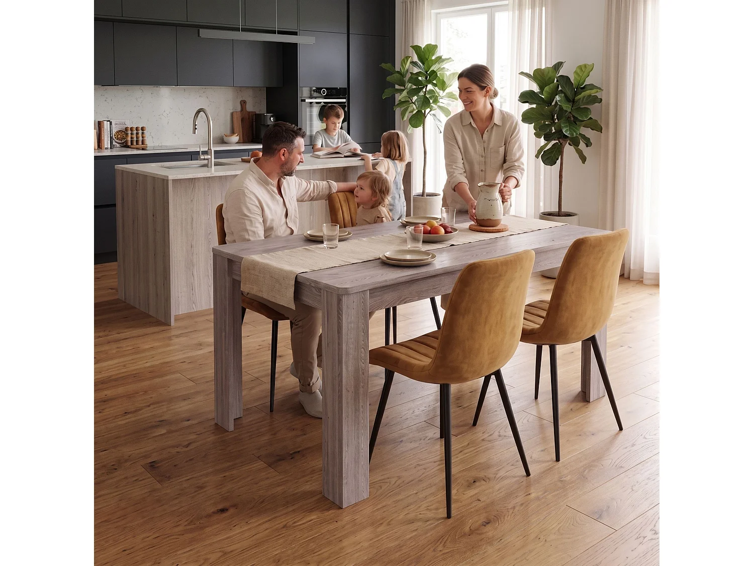 Arrow Grey Dining Table Set with 4 Brown Velvet Chairs 4 Seater Kitchen and Dining Room Furniture