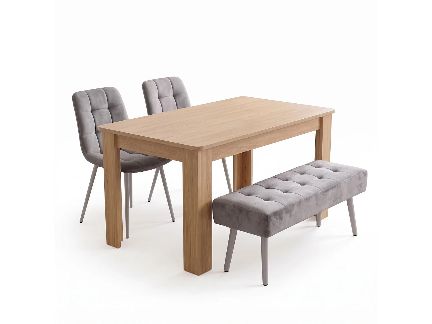 Oak Effect Dining Table Set with 2 Grey Nova Chairs and Grey Nova Bench 4 Seater Kitchen Dining Set