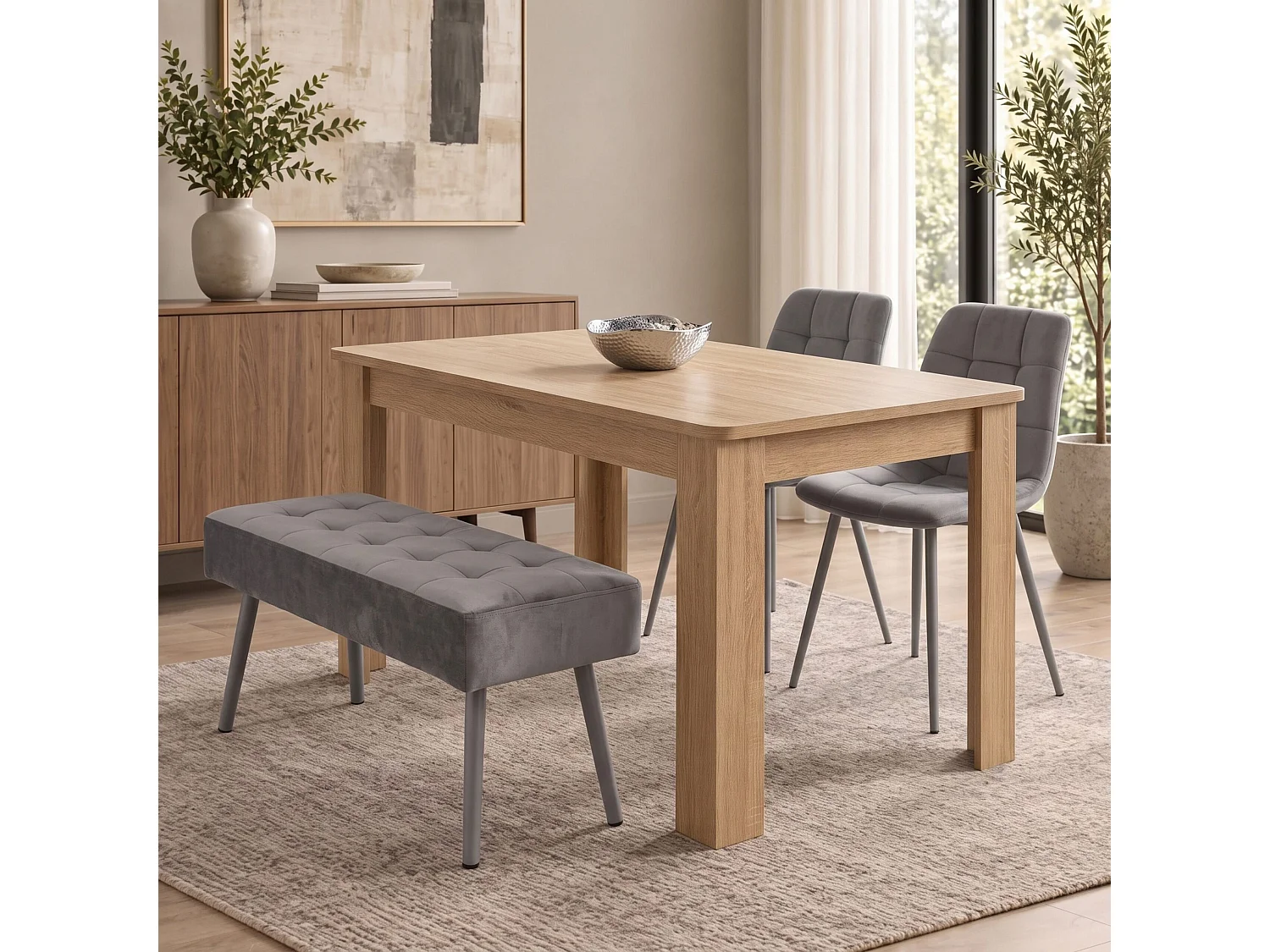 Oak Effect Dining Table Set with 2 Grey Nova Chairs and Grey Nova Bench 4 Seater Kitchen Dining Set