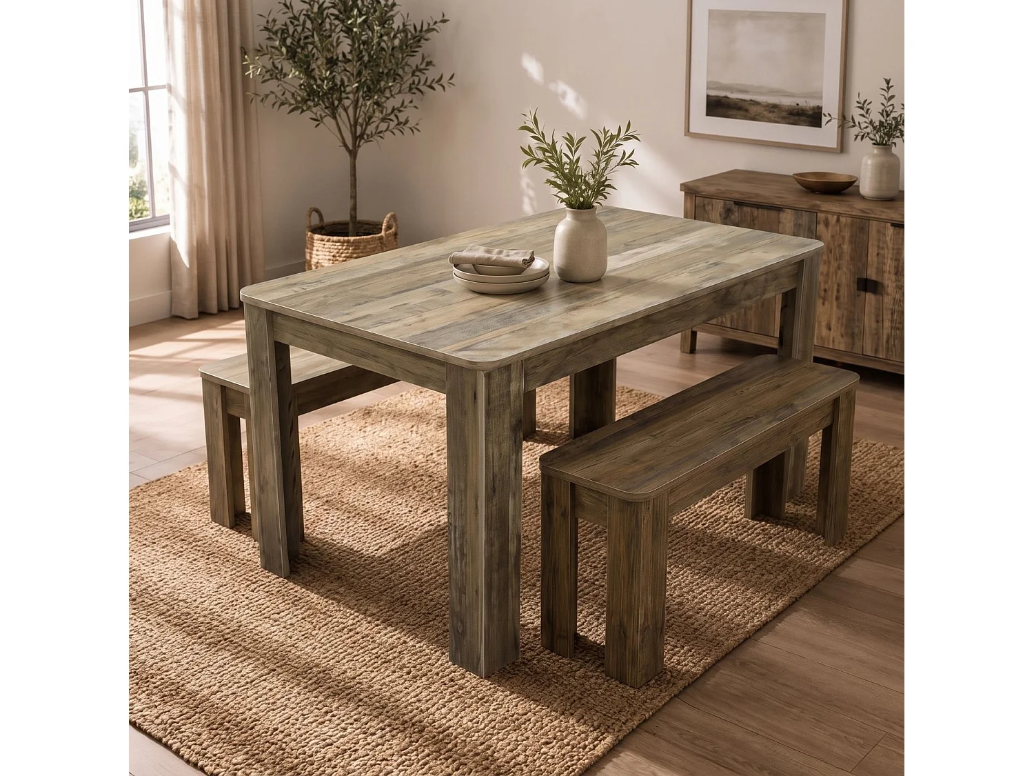 Rustic Wood Effect Dining Table Set with 2 Rustic Benches 4 Seater Kitchen Dining Furniture Set