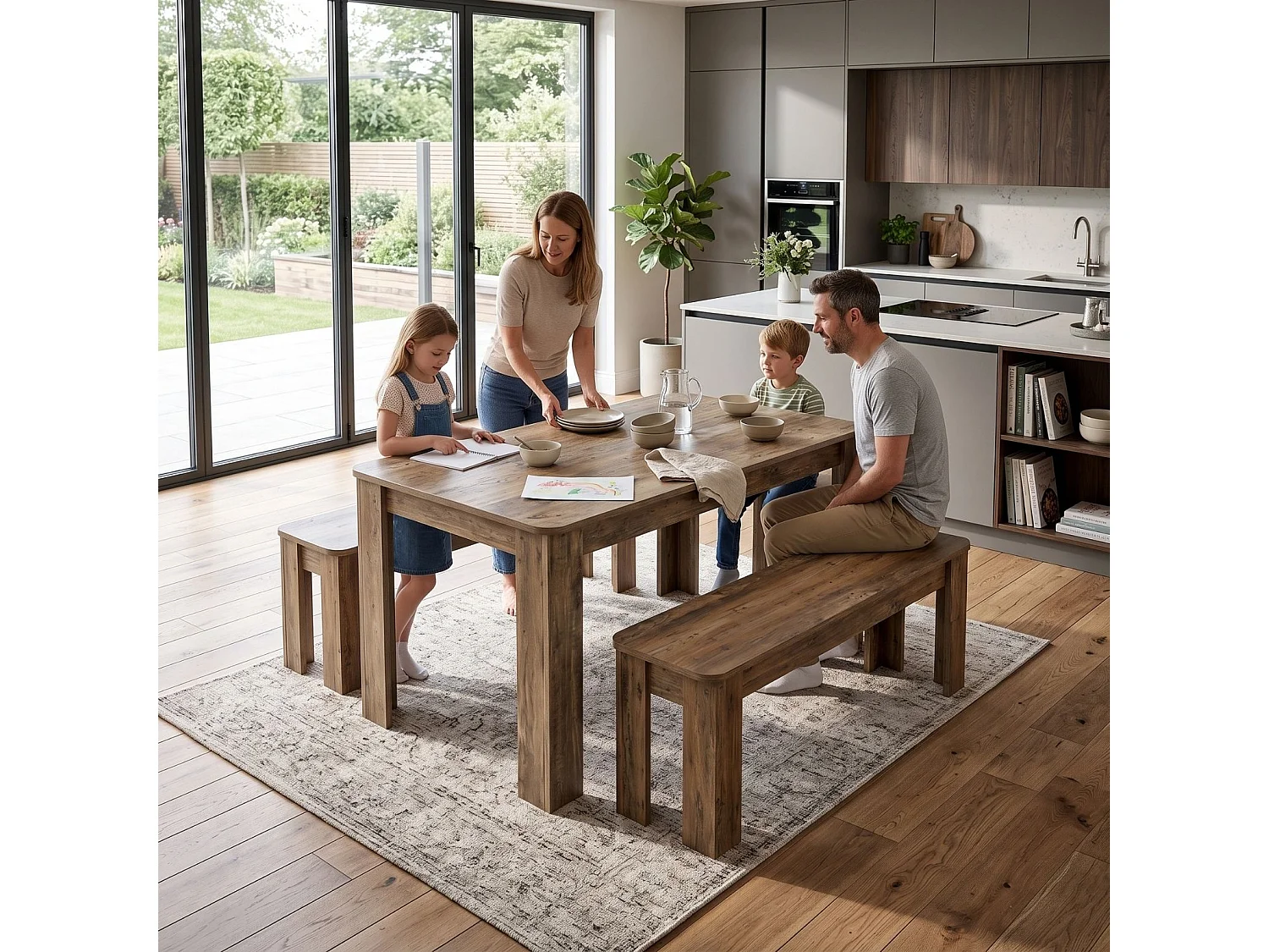 Rustic Wood Effect Dining Table Set with 2 Rustic Benches 4 Seater Kitchen Dining Furniture Set
