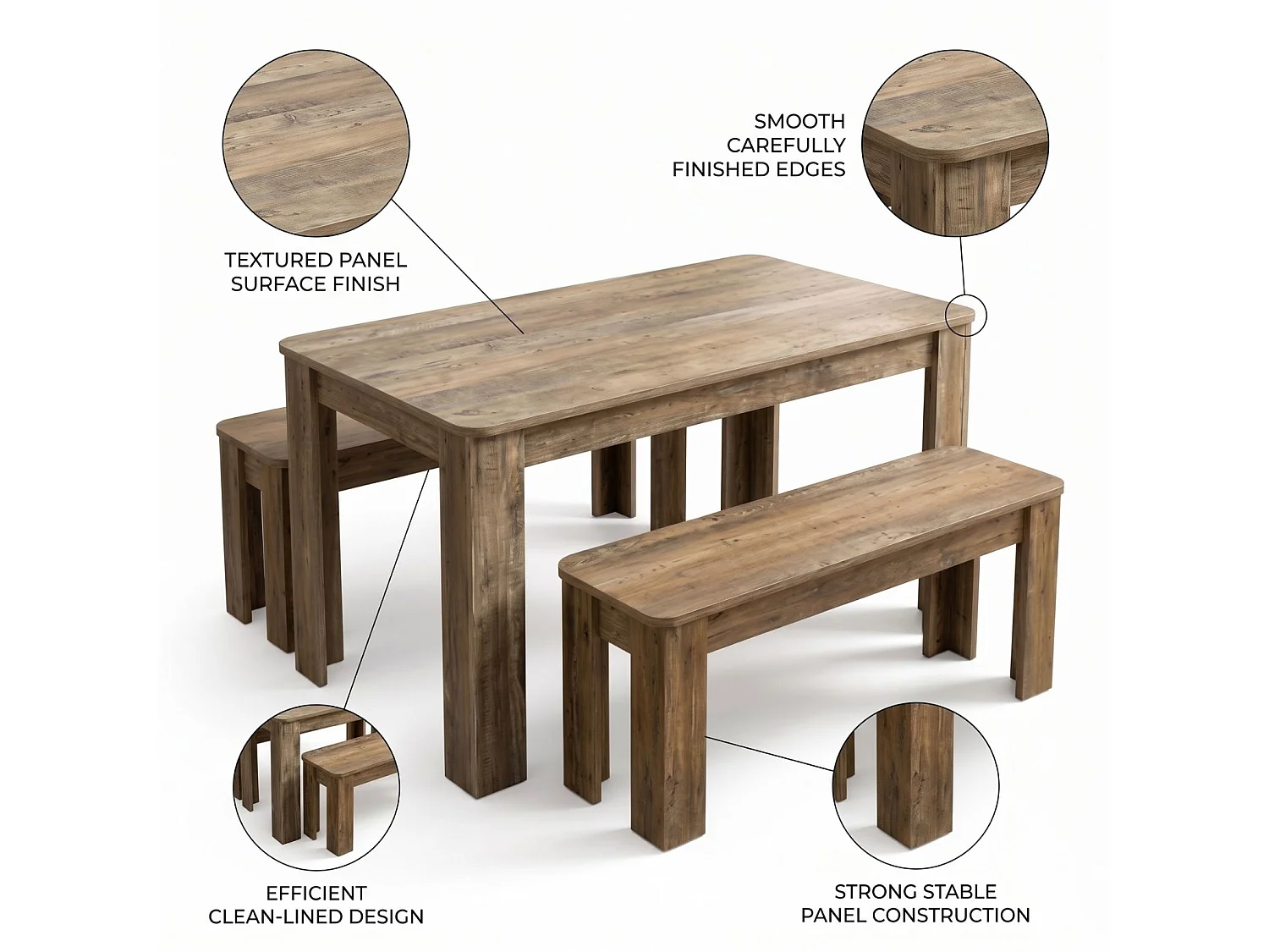 Rustic Wood Effect Dining Table Set with 2 Rustic Benches 4 Seater Kitchen Dining Furniture Set