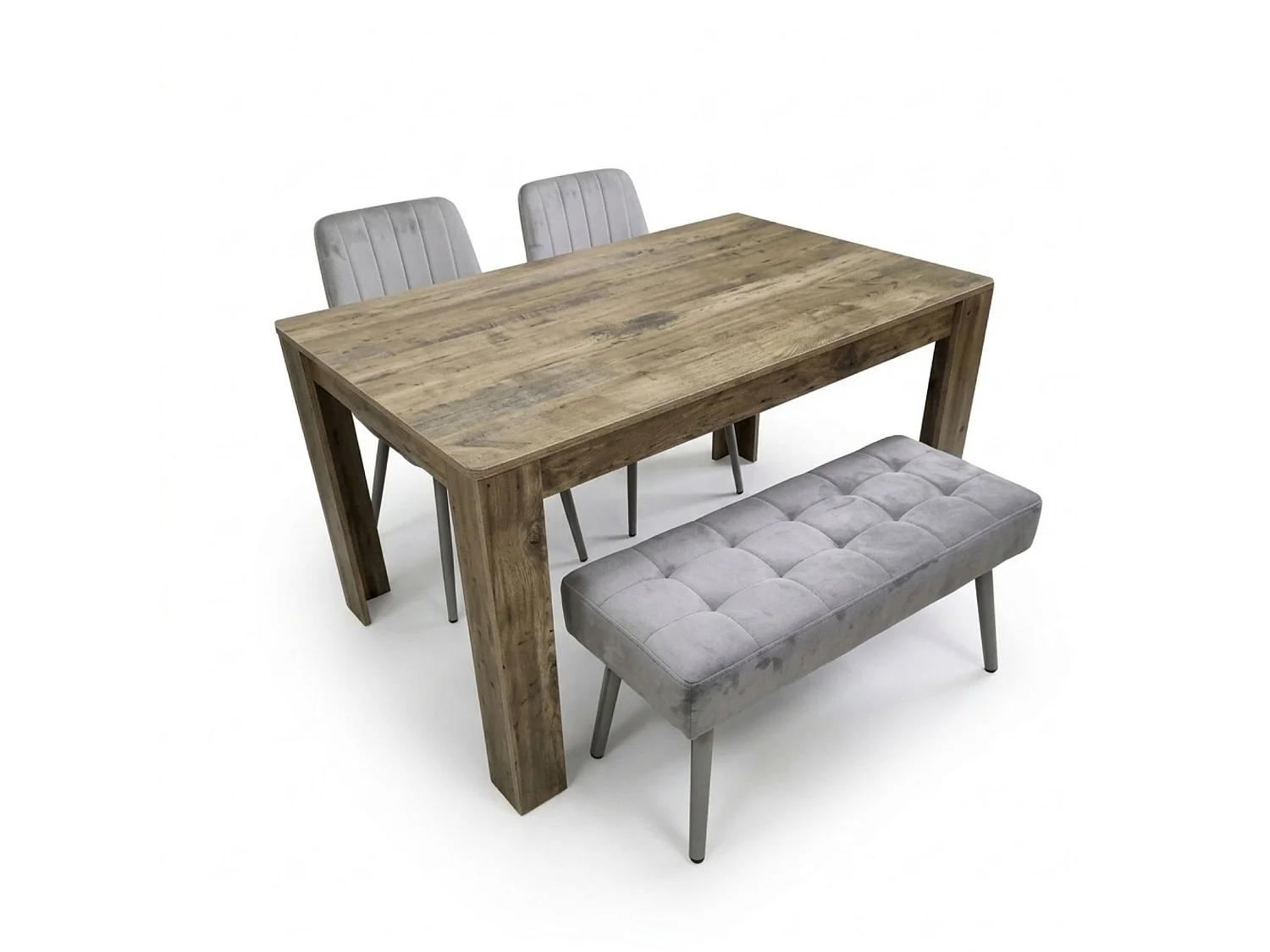 Rustic Dining Table Set with 2 Grey Velvet Chairs and Grey Velvet Bench 4 Seater Kitchen Dining Set