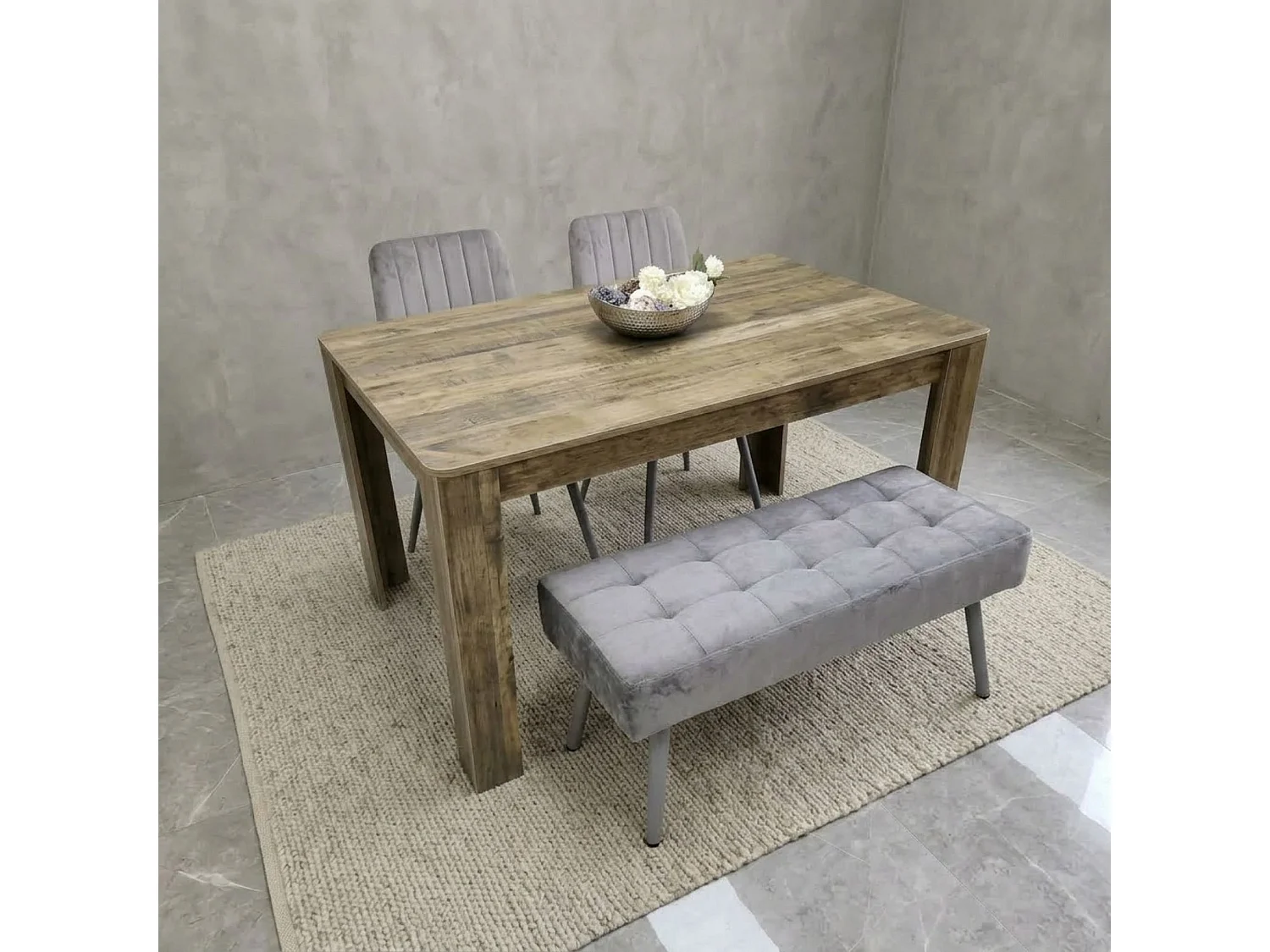 Rustic Dining Table Set with 2 Grey Velvet Chairs and Grey Velvet Bench 4 Seater Kitchen Dining Set