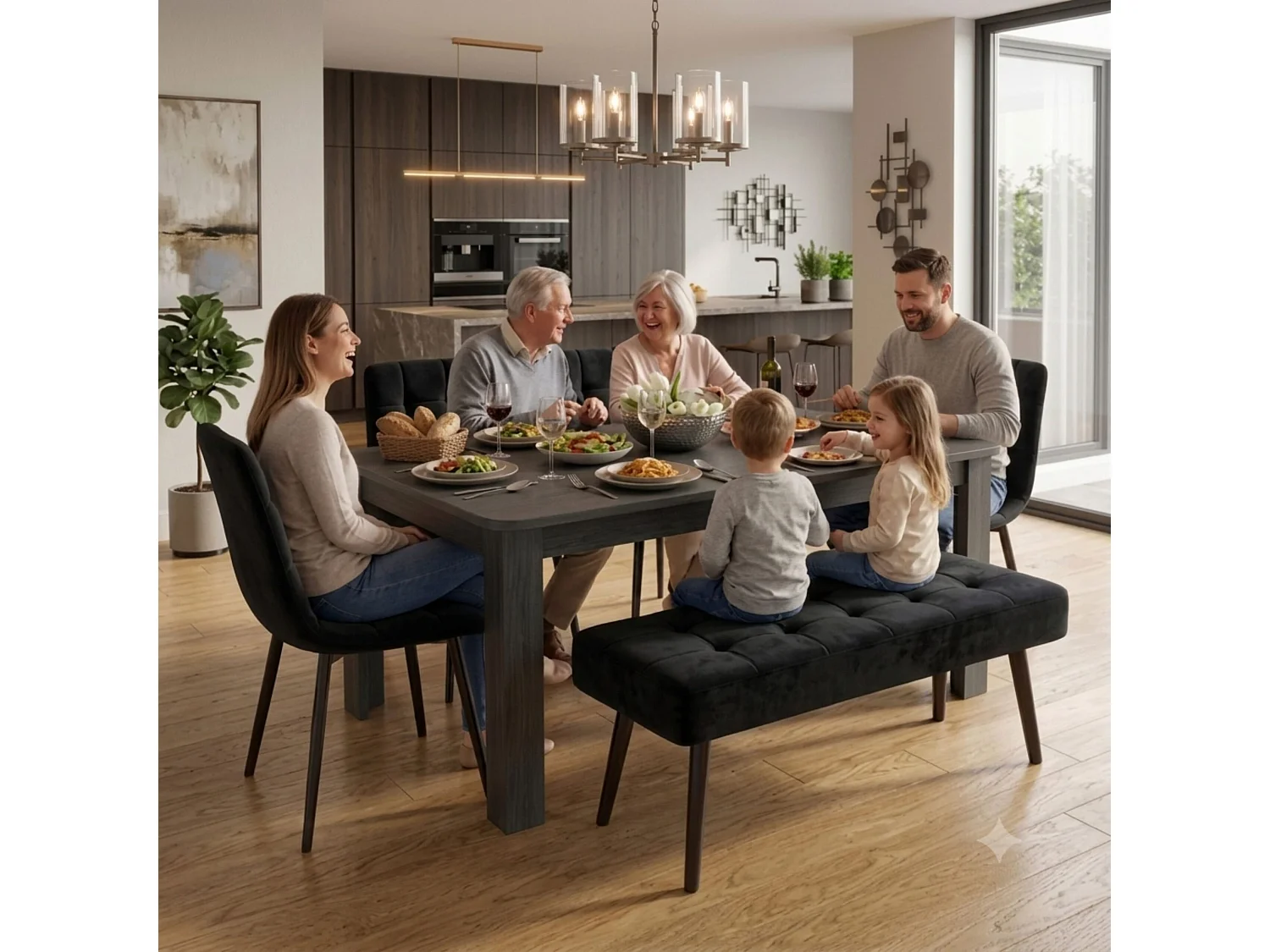 Rustic Dining Table Set with 2 Grey Velvet Chairs and Grey Velvet Bench 4 Seater Kitchen Dining Set