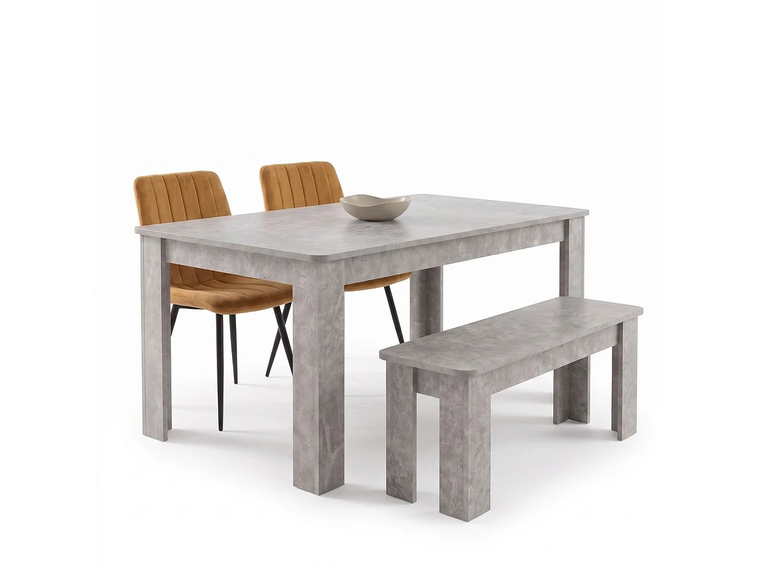 Stone Grey Effect Dining Table Set with 2 Brown Velvet Chairs and Stone Grey Bench 4 Seater