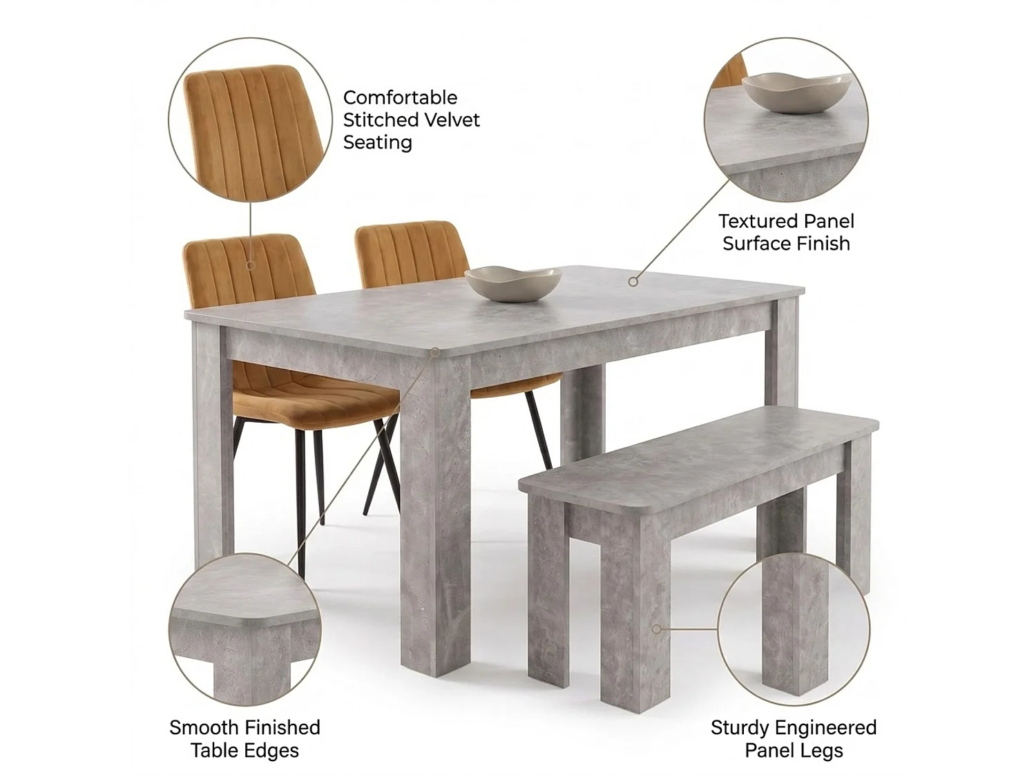 Stone Grey Effect Dining Table Set with 2 Brown Velvet Chairs and Stone Grey Bench 4 Seater
