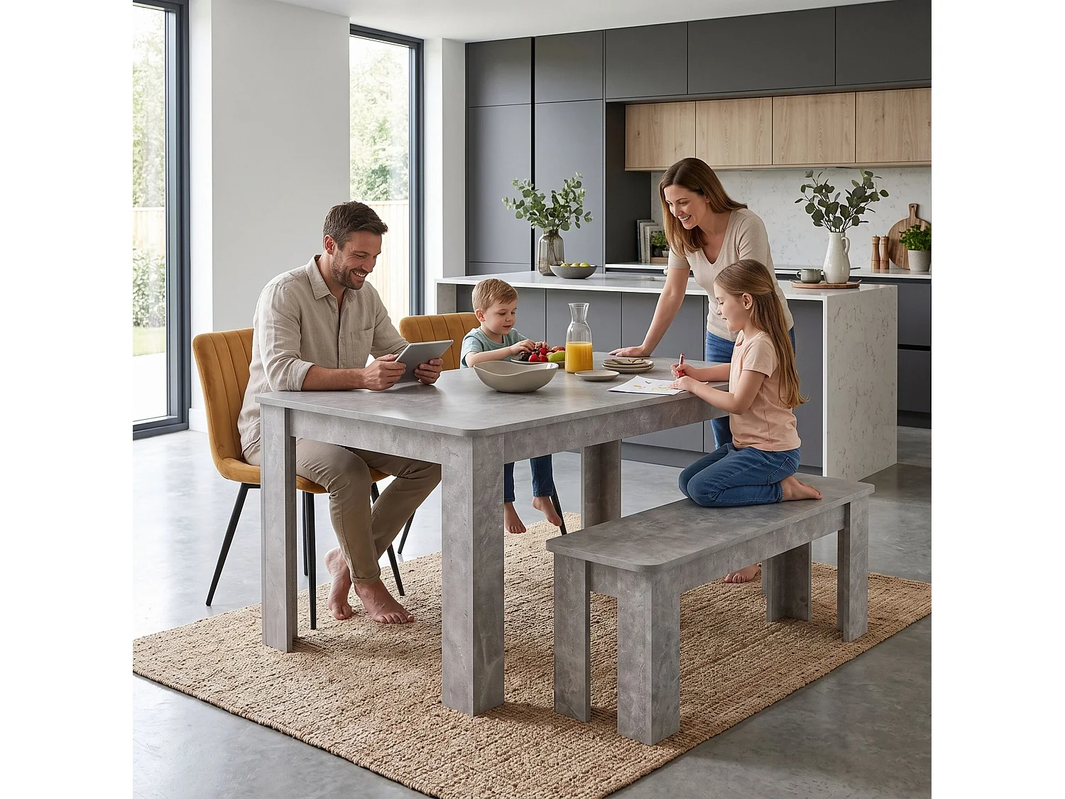 Stone Grey Effect Dining Table Set with 2 Brown Velvet Chairs and Stone Grey Bench 4 Seater