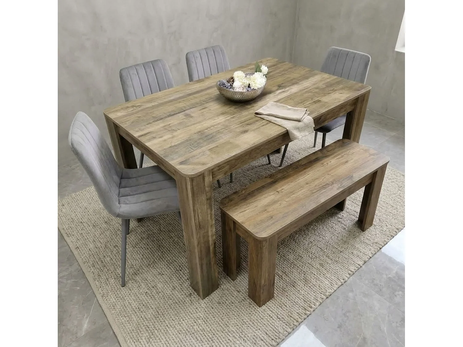 Modern Dining Set with Rustic Wood Effect Table, 4 Grey Velvet Chairs and Rustic Bench 6 Seater