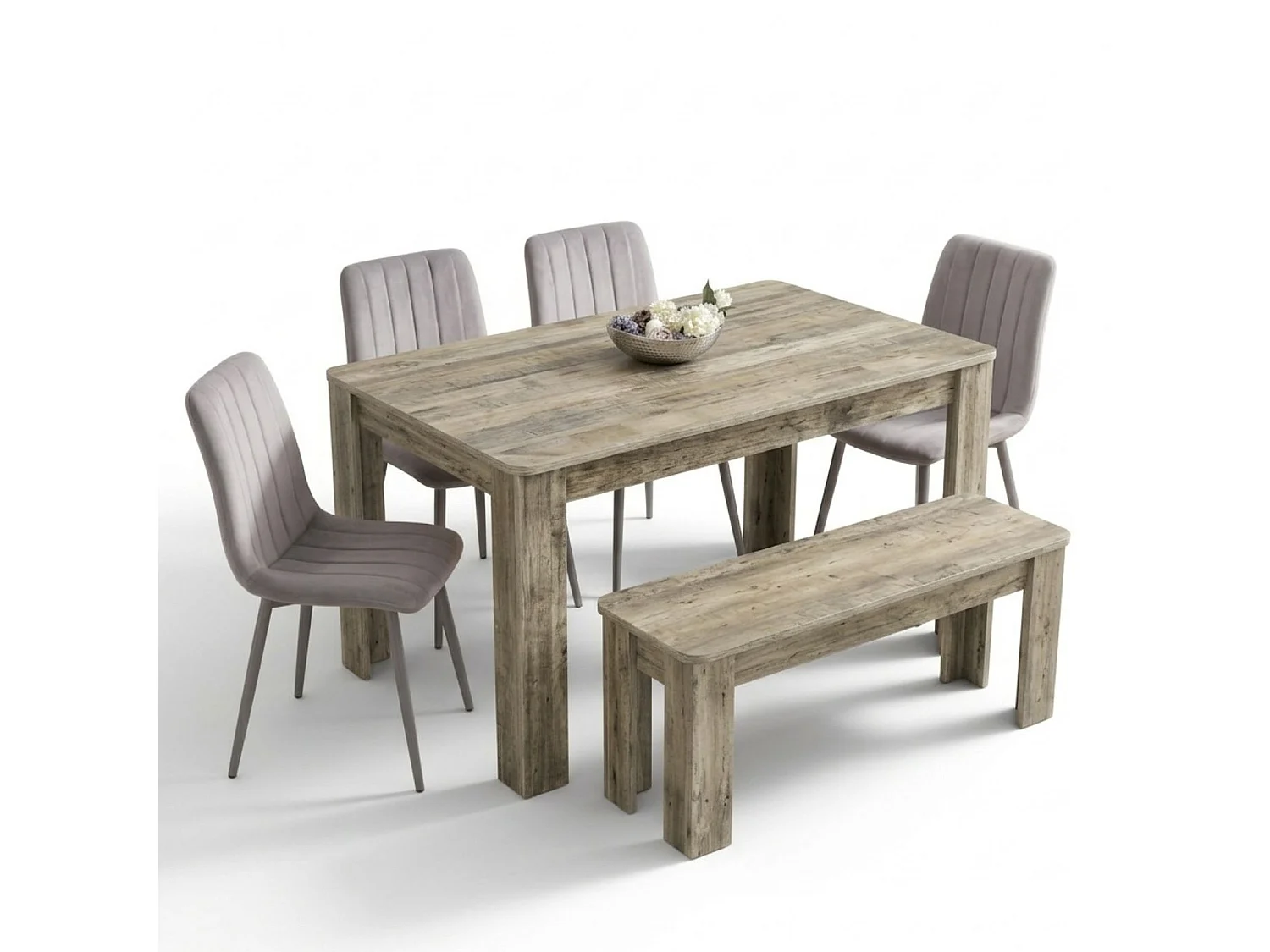 Modern Dining Set with Rustic Wood Effect Table, 4 Grey Velvet Chairs and Rustic Bench 6 Seater