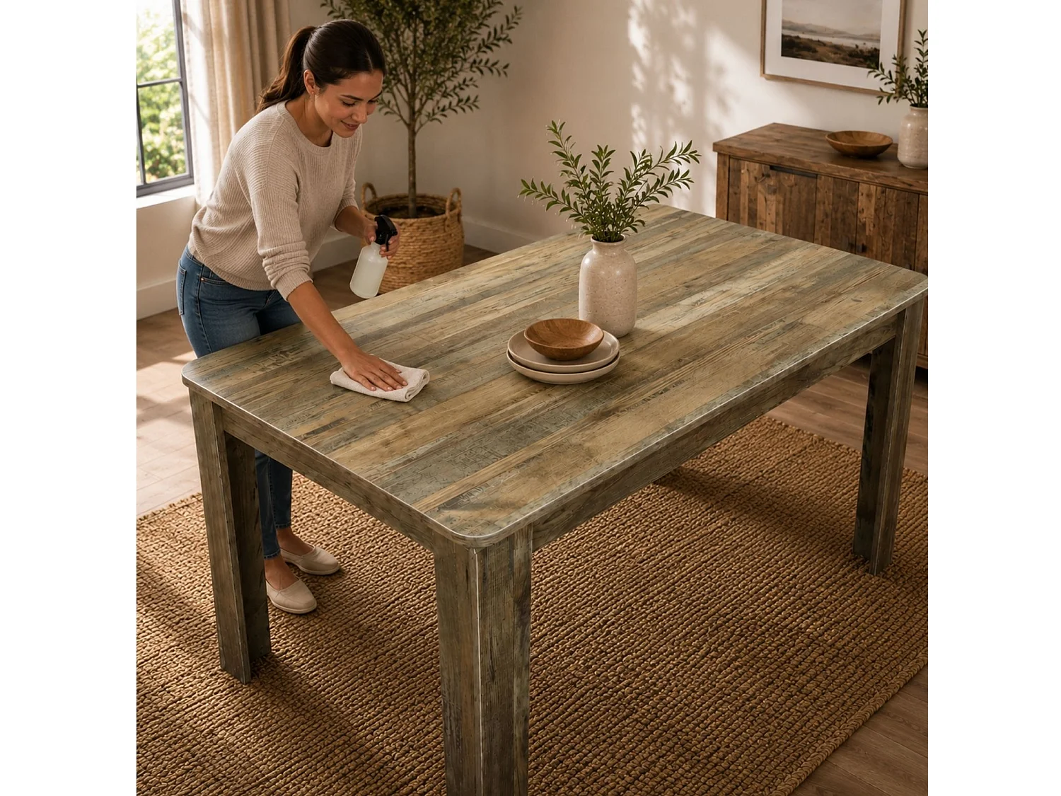 Modern Dining Set with Rustic Wood Effect Table, 4 Grey Velvet Chairs and Rustic Bench 6 Seater