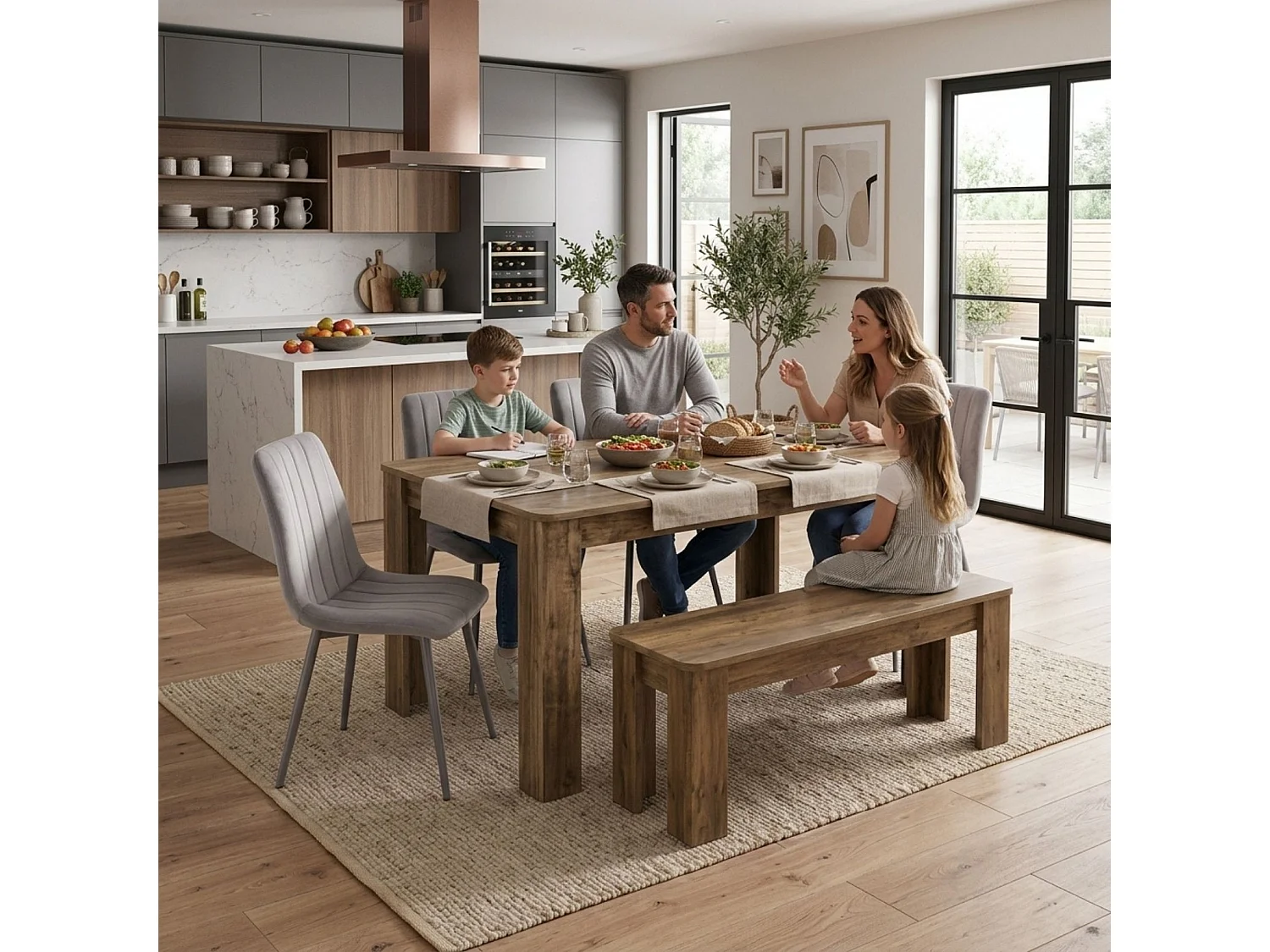 Modern Dining Set with Rustic Wood Effect Table, 4 Grey Velvet Chairs and Rustic Bench 6 Seater