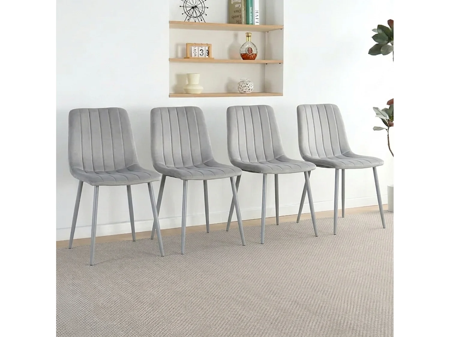 Modern Dining Set with Rustic Wood Effect Table, 4 Grey Velvet Chairs and Rustic Bench 6 Seater