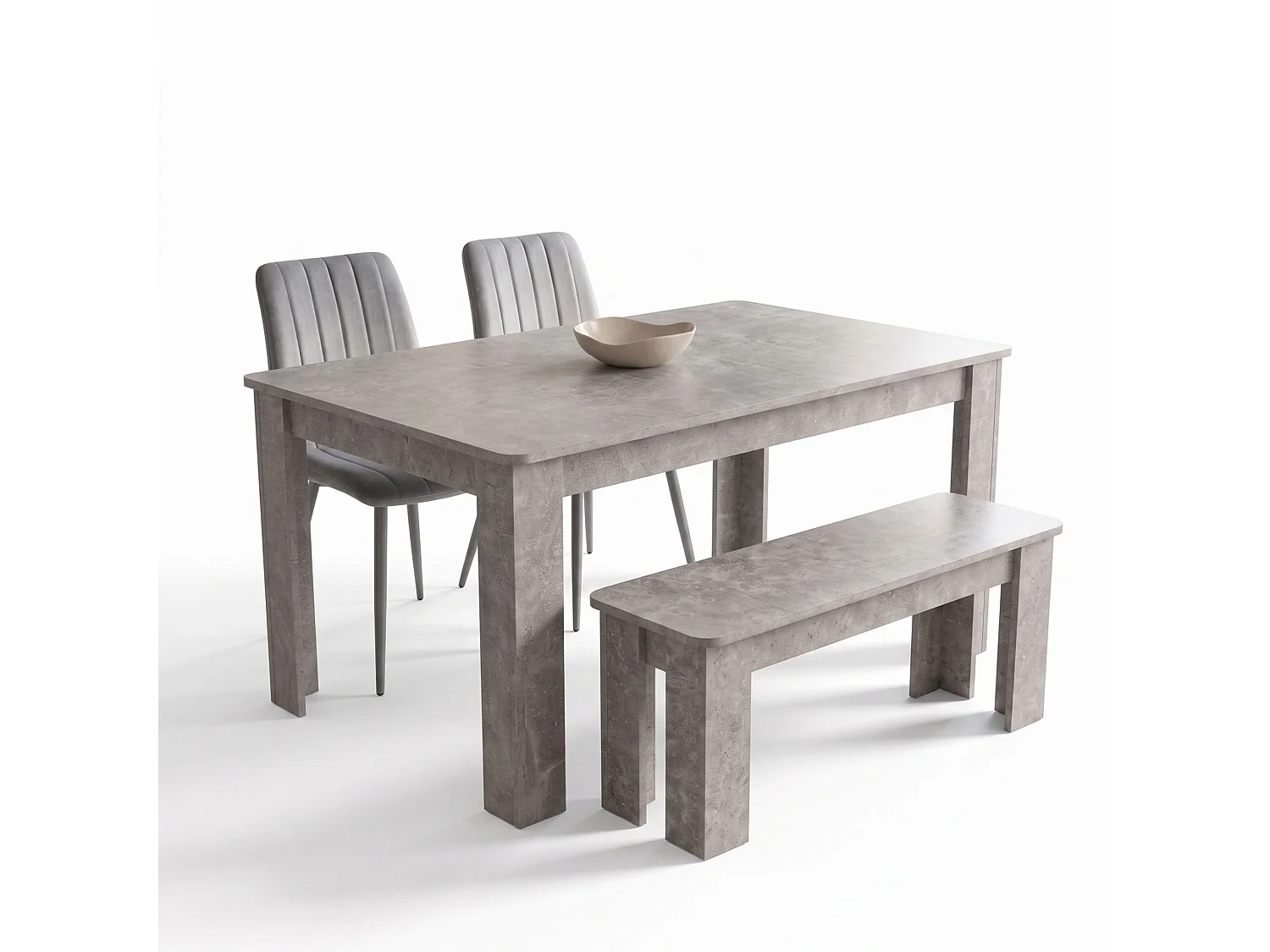 Stone Grey Effect Dining Table Set with 2 Grey Velvet Chairs and Stone Grey Bench 4 Seater