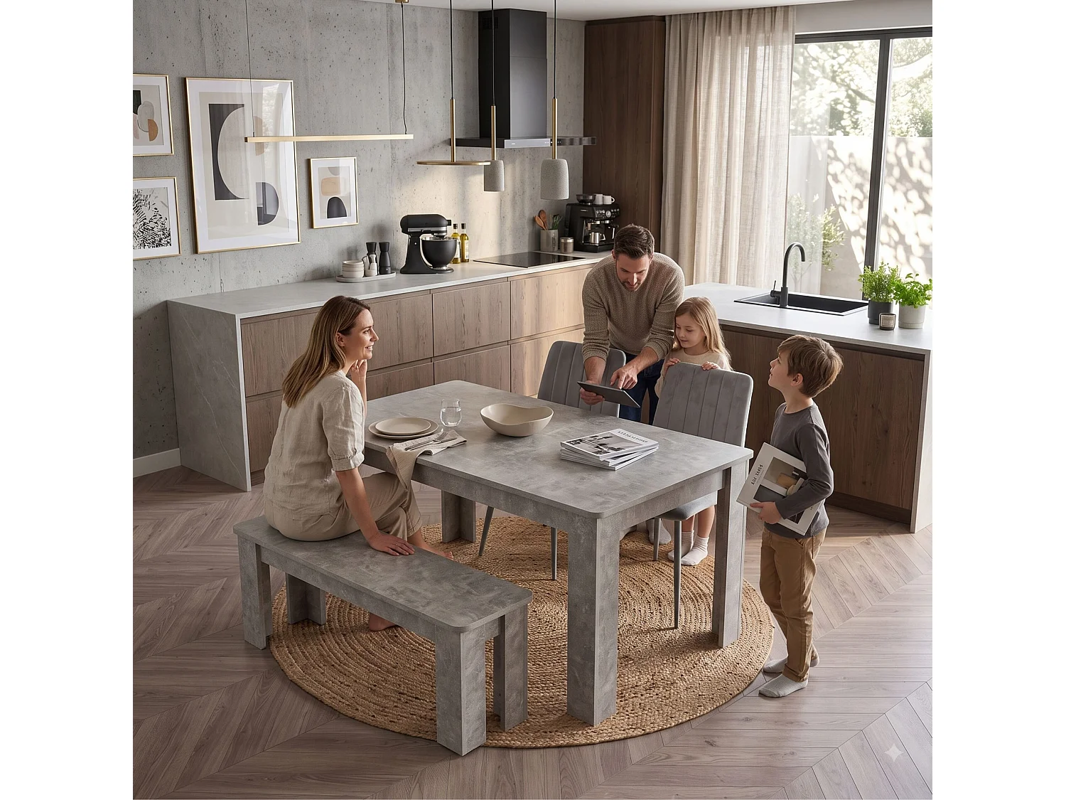 Stone Grey Effect Dining Table Set with 2 Grey Velvet Chairs and Stone Grey Bench 4 Seater