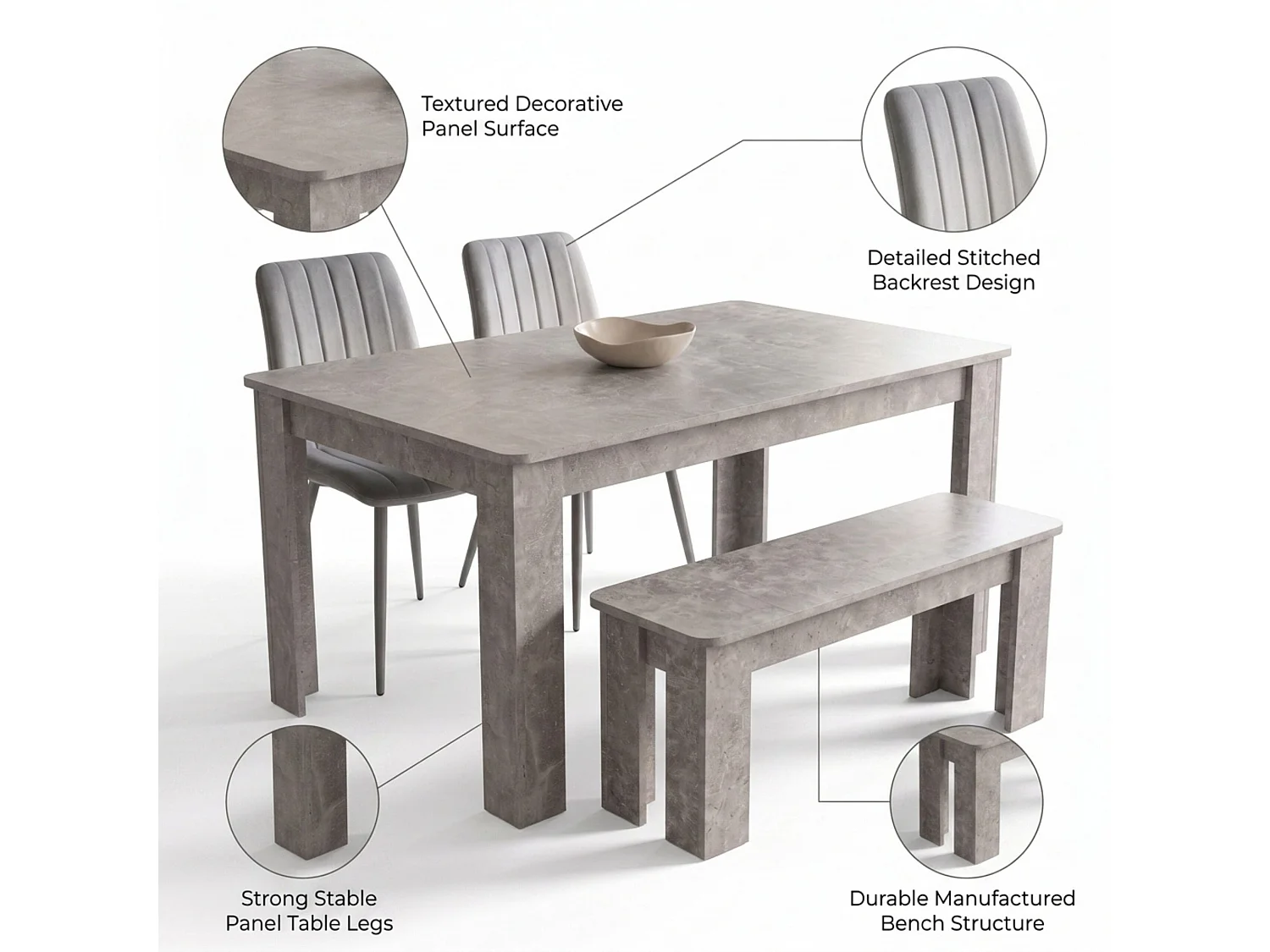 Stone Grey Effect Dining Table Set with 2 Grey Velvet Chairs and Stone Grey Bench 4 Seater