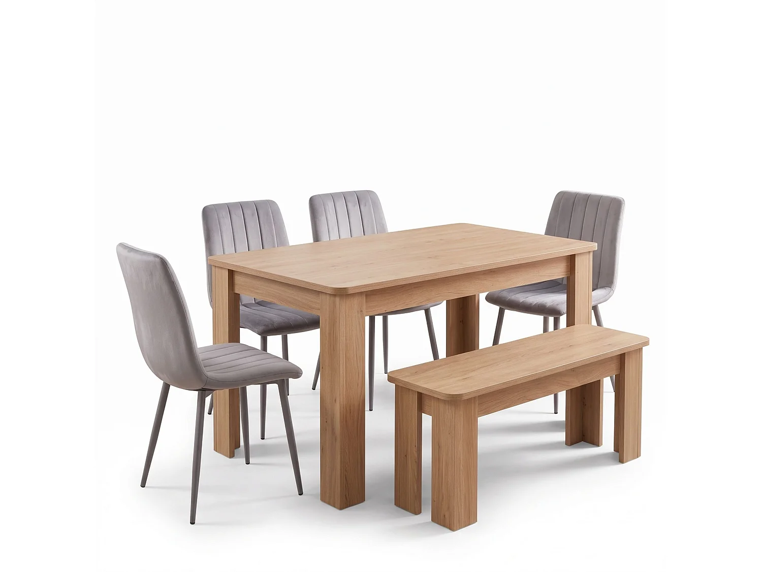 Oak Effect Dining Table Set with 4 Grey Velvet Chairs and Oak Effect Bench 6 Seater