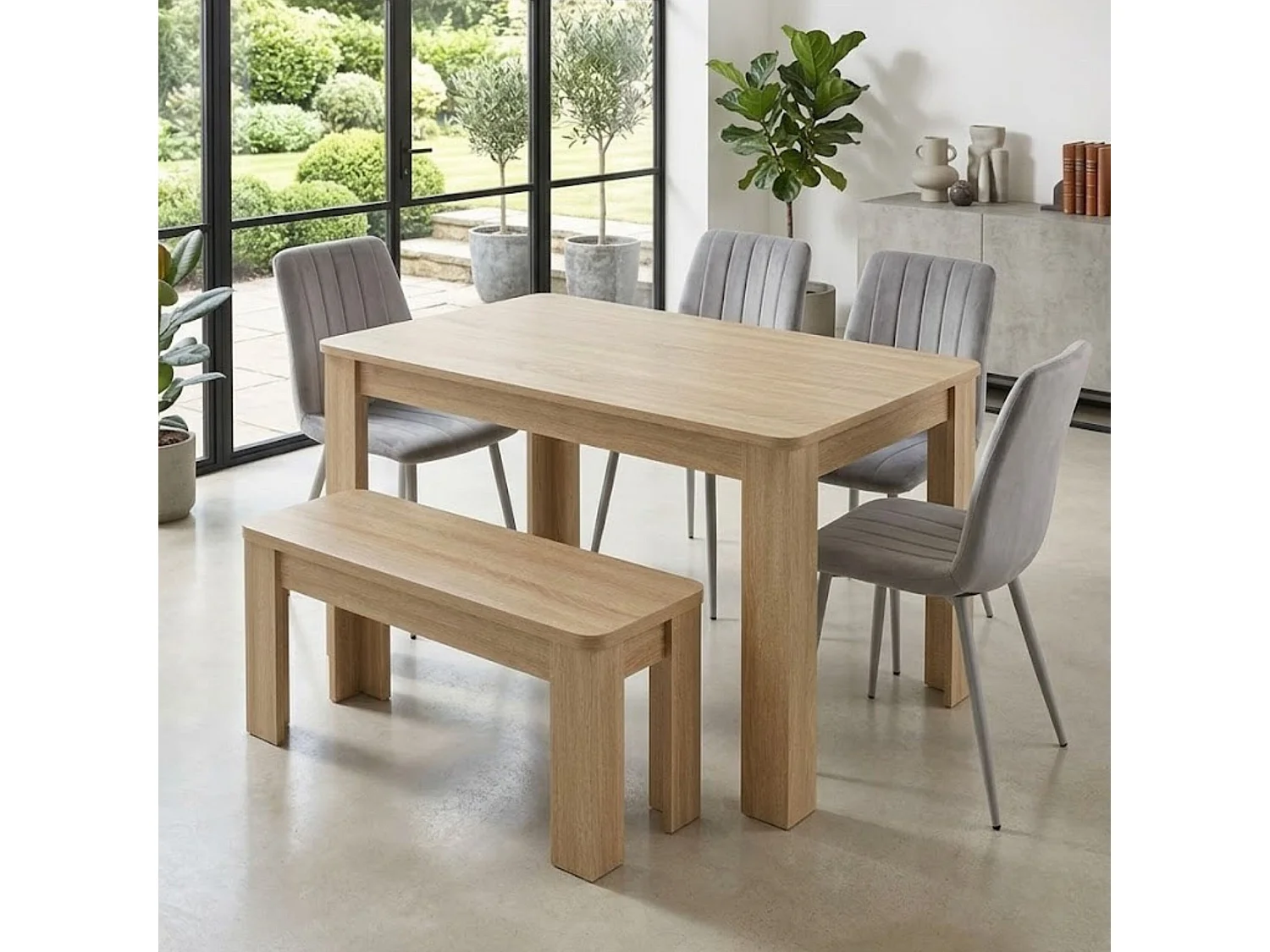Oak Effect Dining Table Set with 4 Grey Velvet Chairs and Oak Effect Bench 6 Seater