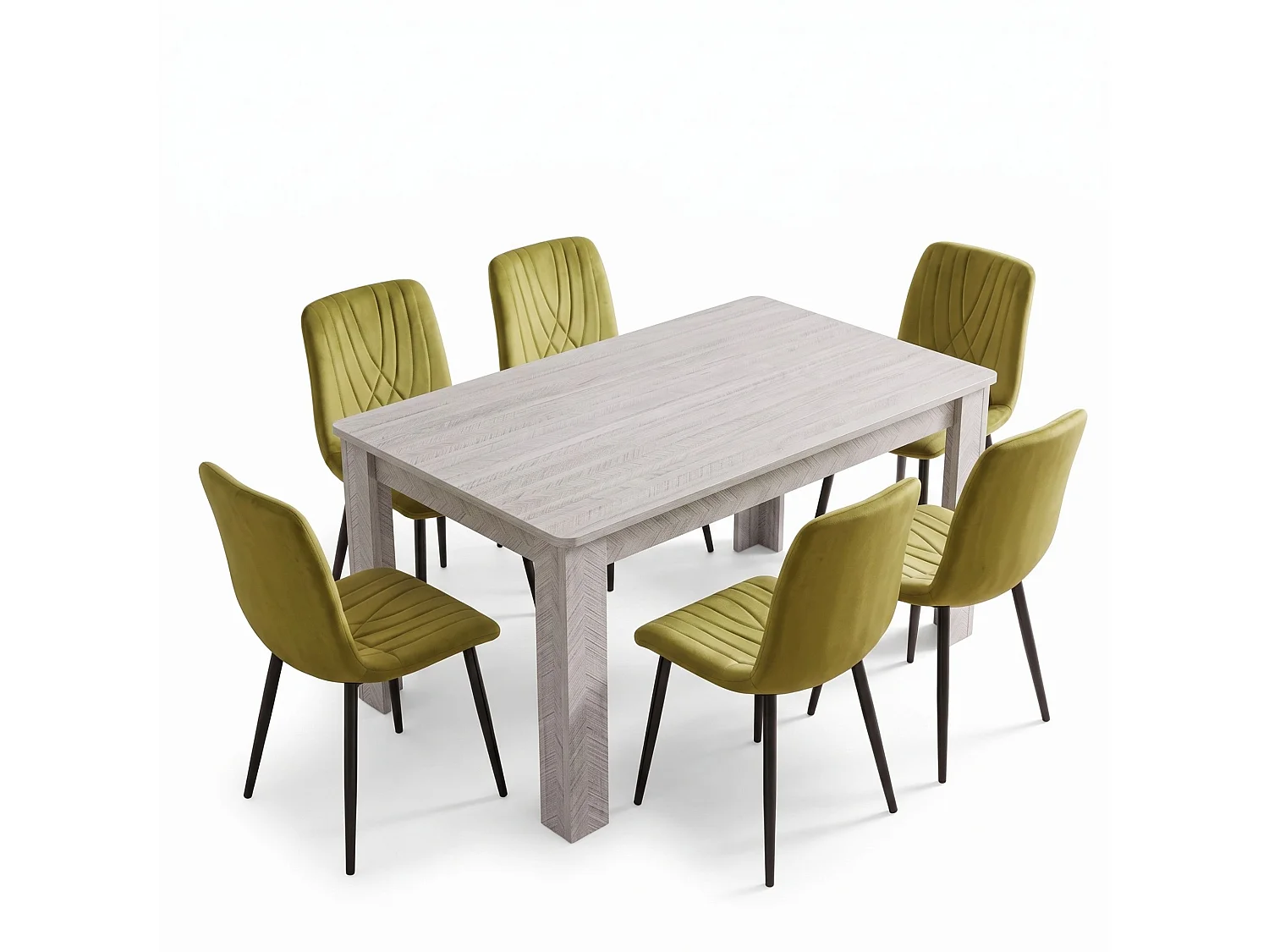 Modern Arrow Grey Dining Table Set with 6 Green Velvet Diamond Chairs 6 Seater Kitchen Dining Set