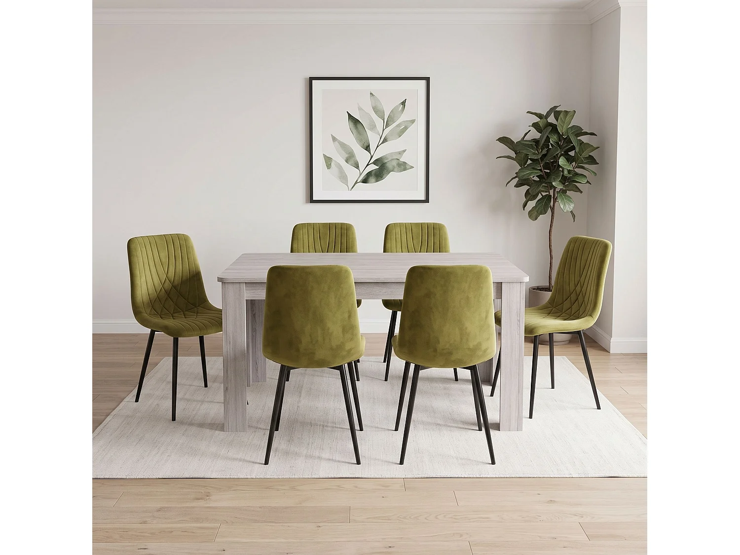 Modern Arrow Grey Dining Table Set with 6 Green Velvet Diamond Chairs 6 Seater Kitchen Dining Set