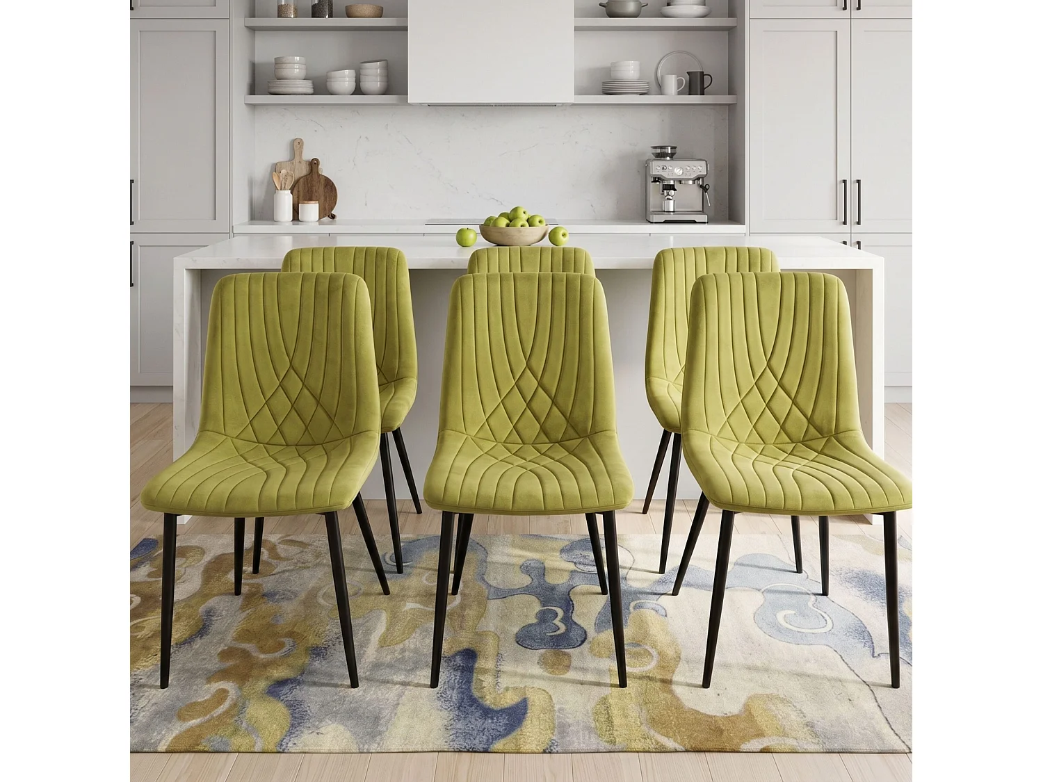 Modern Arrow Grey Dining Table Set with 6 Green Velvet Diamond Chairs 6 Seater Kitchen Dining Set
