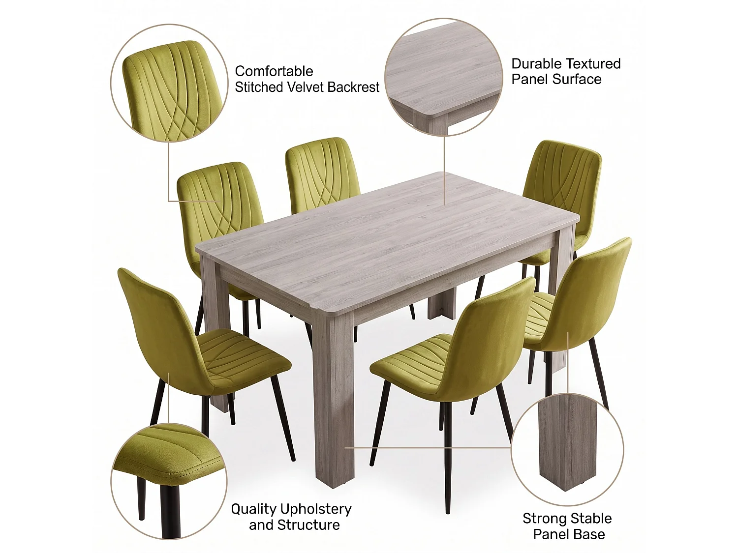 Modern Arrow Grey Dining Table Set with 6 Green Velvet Diamond Chairs 6 Seater Kitchen Dining Set