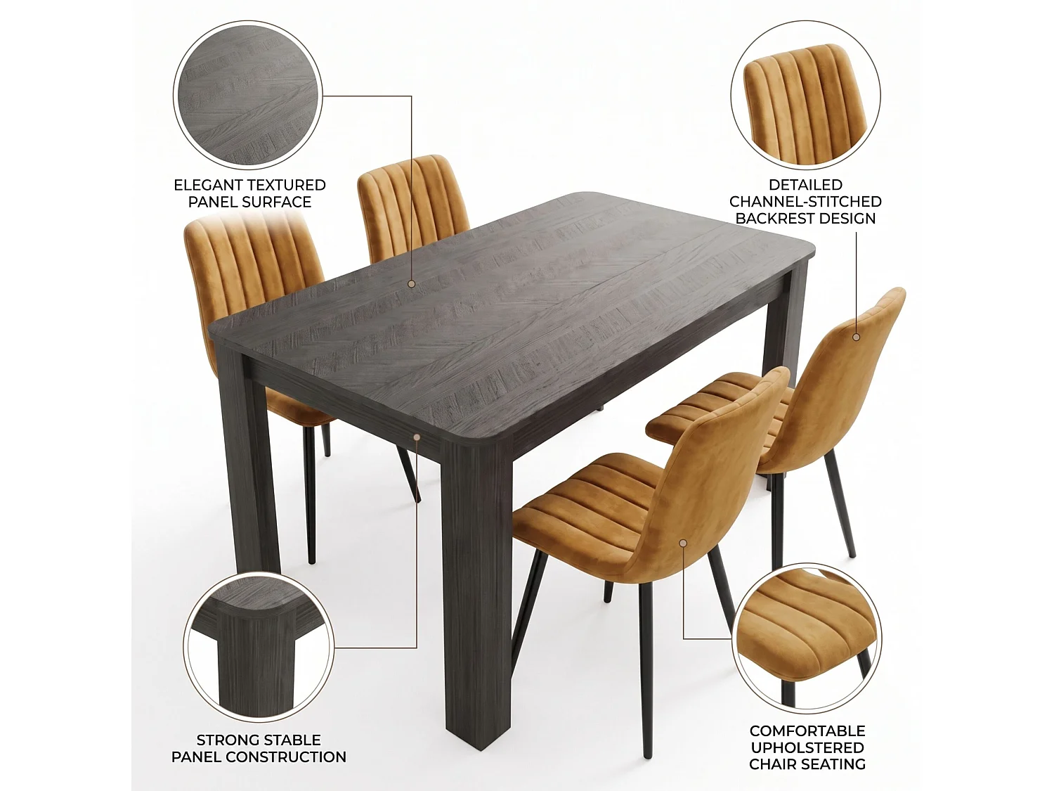 Dining Set with Arrow Charcoal Table and 4 Brown Velvet Chairs 4 Seater for Kitchen