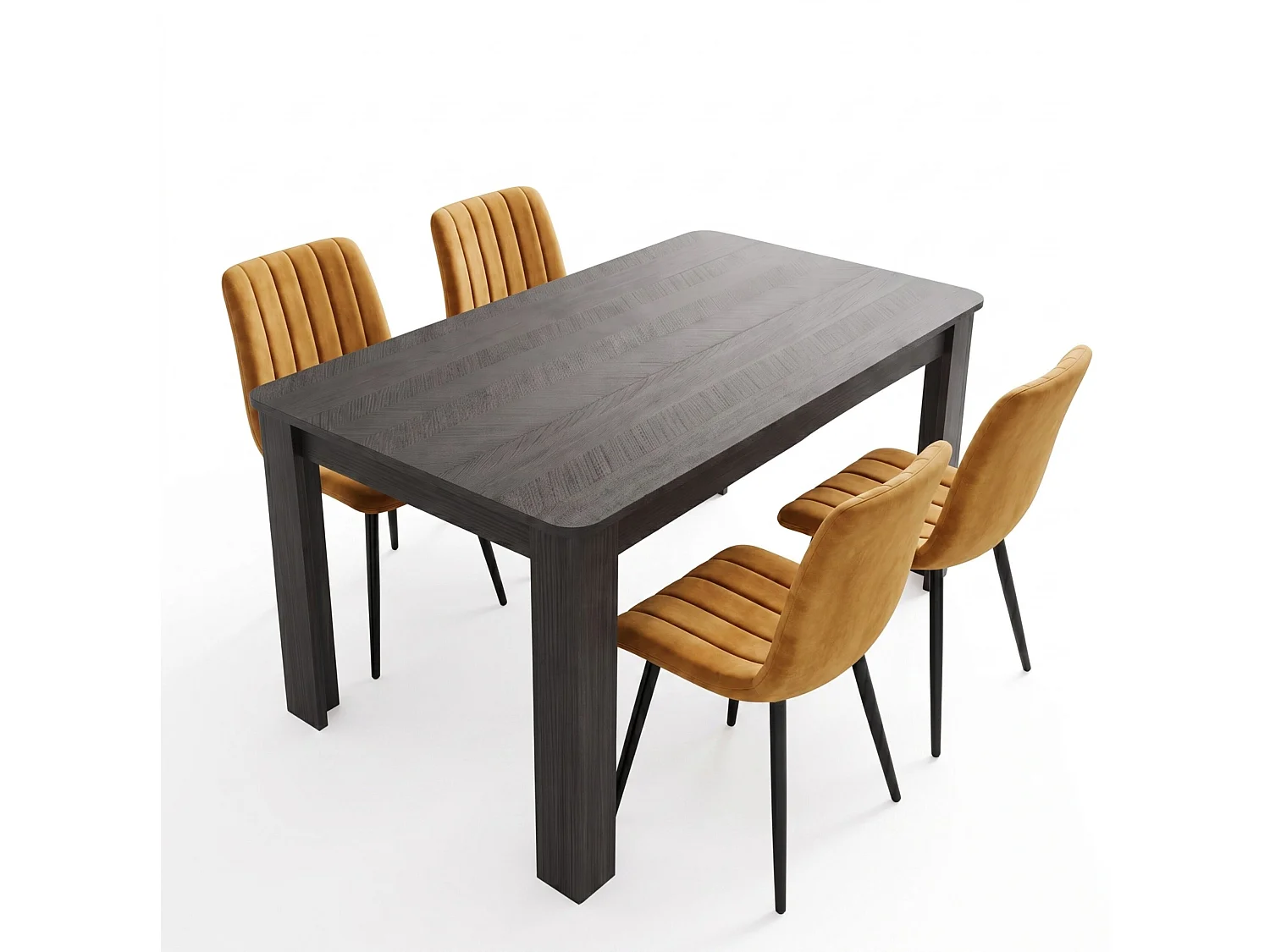 Dining Set with Arrow Charcoal Table and 4 Brown Velvet Chairs 4 Seater for Kitchen