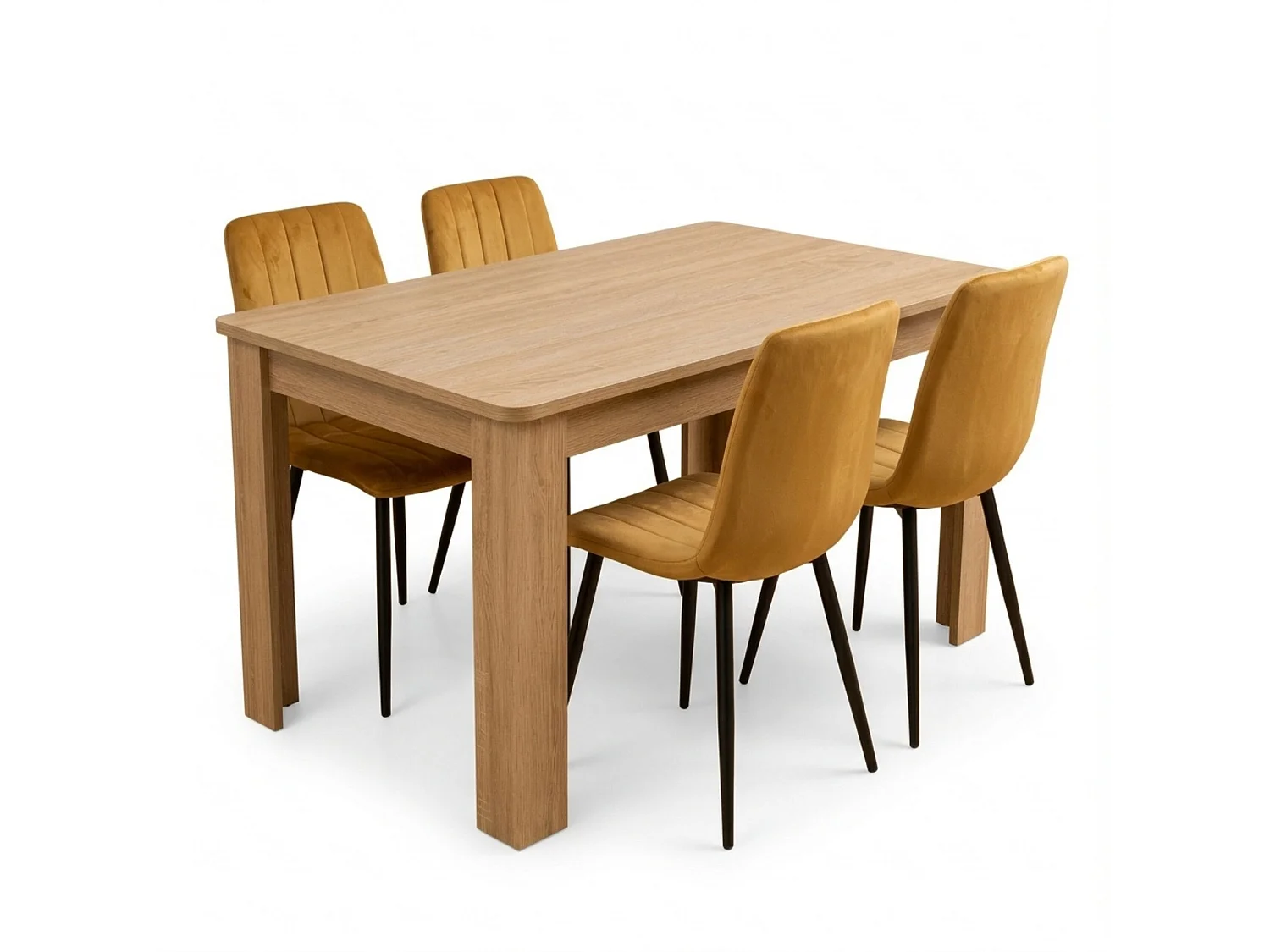 Dining Set with Oak Effect Table and 4 Brown Velvet Chairs 4 Seater Dining Room Furniture Set