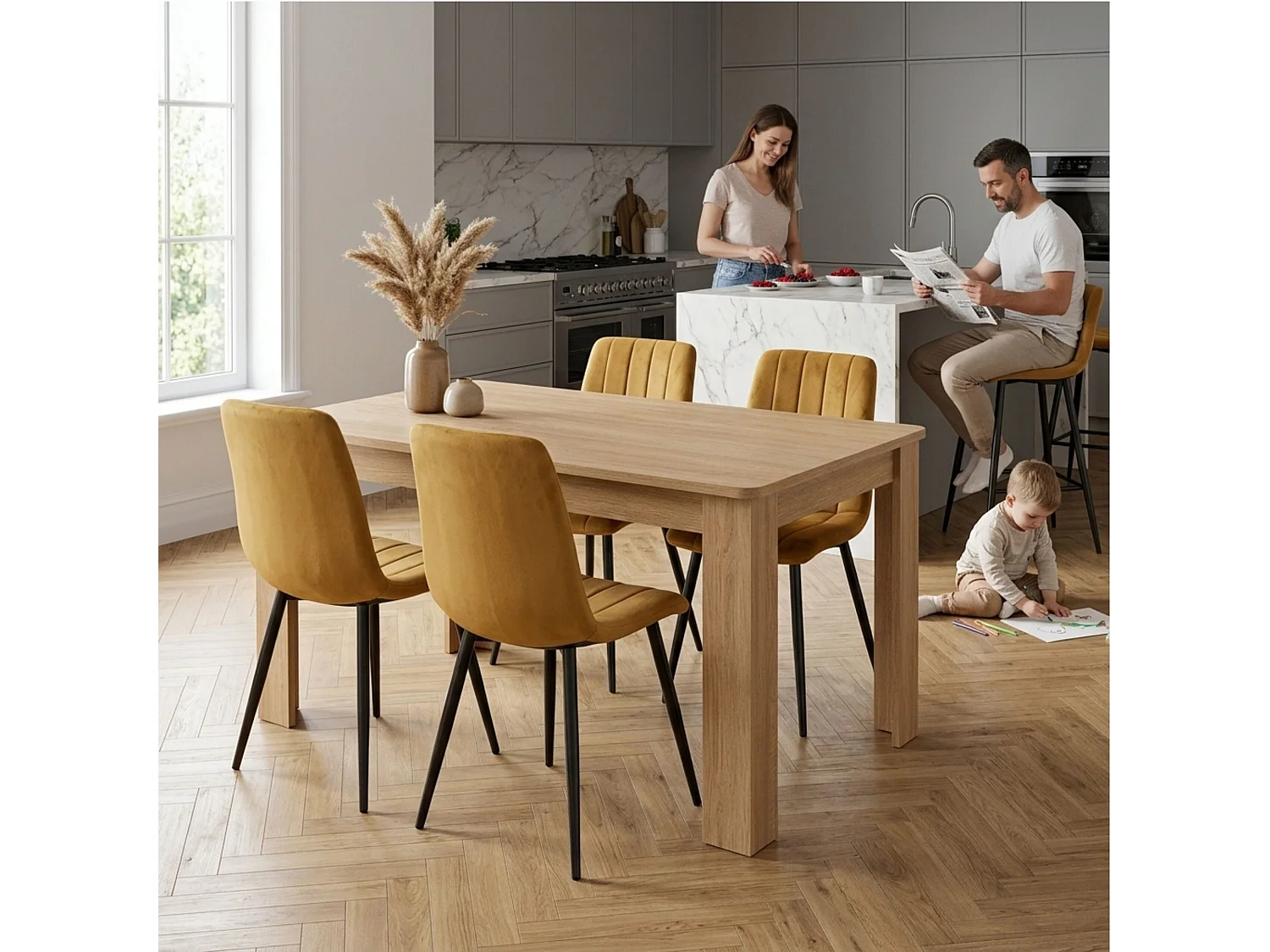 Dining Set with Oak Effect Table and 4 Brown Velvet Chairs 4 Seater Dining Room Furniture Set