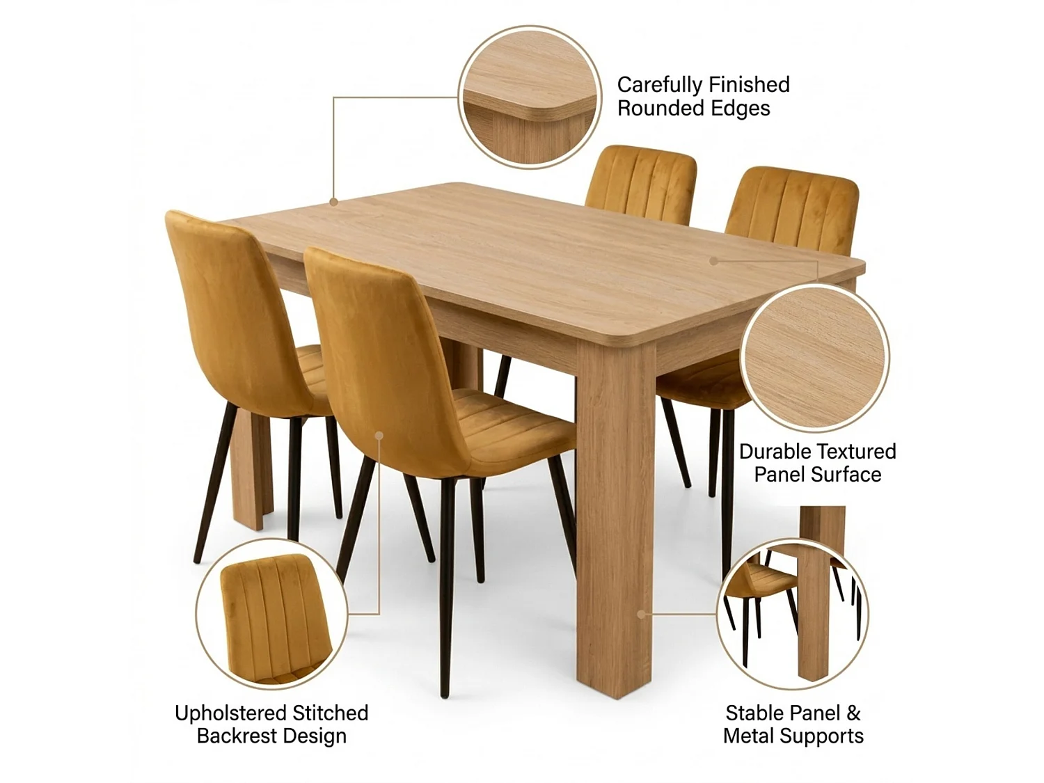 Dining Set with Oak Effect Table and 4 Brown Velvet Chairs 4 Seater Dining Room Furniture Set