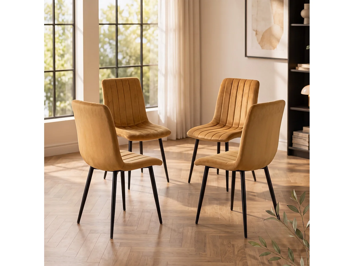 Dining Set with Oak Effect Table and 4 Brown Velvet Chairs 4 Seater Dining Room Furniture Set