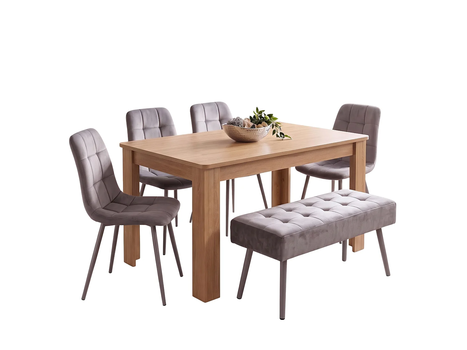 Oak Effect Dining Table Set with 4 Grey Nova Chairs and Grey Nova Bench 6 Seater Kitchen Dining Set