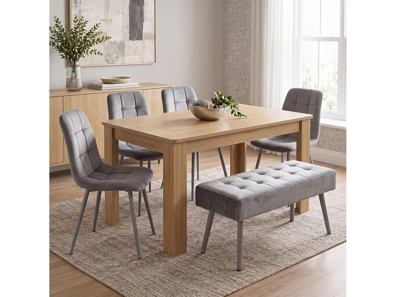 Oak Effect Dining Table Set with 4 Grey Nova Chairs and Grey Nova Bench 6 Seater Kitchen Dining Set