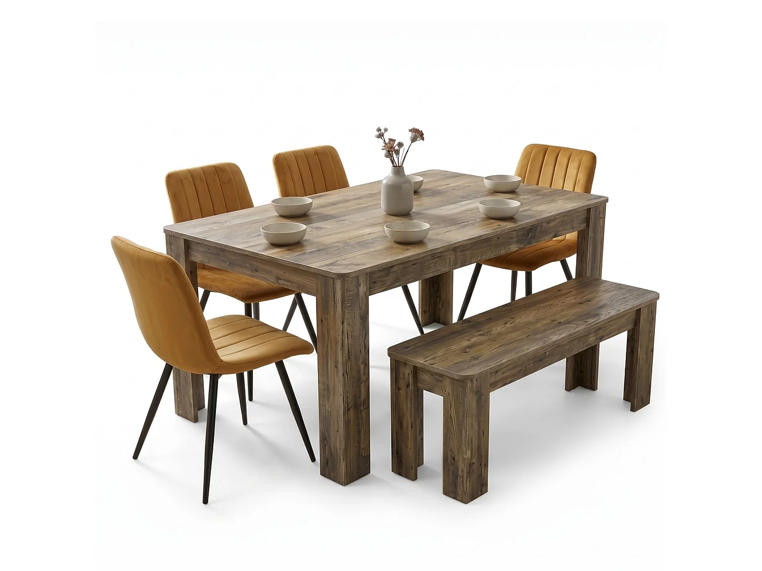 Rustic Dining Table Set with 4 Brown Velvet Chairs and Rustic Bench 6 Seater Kitchen Furniture
